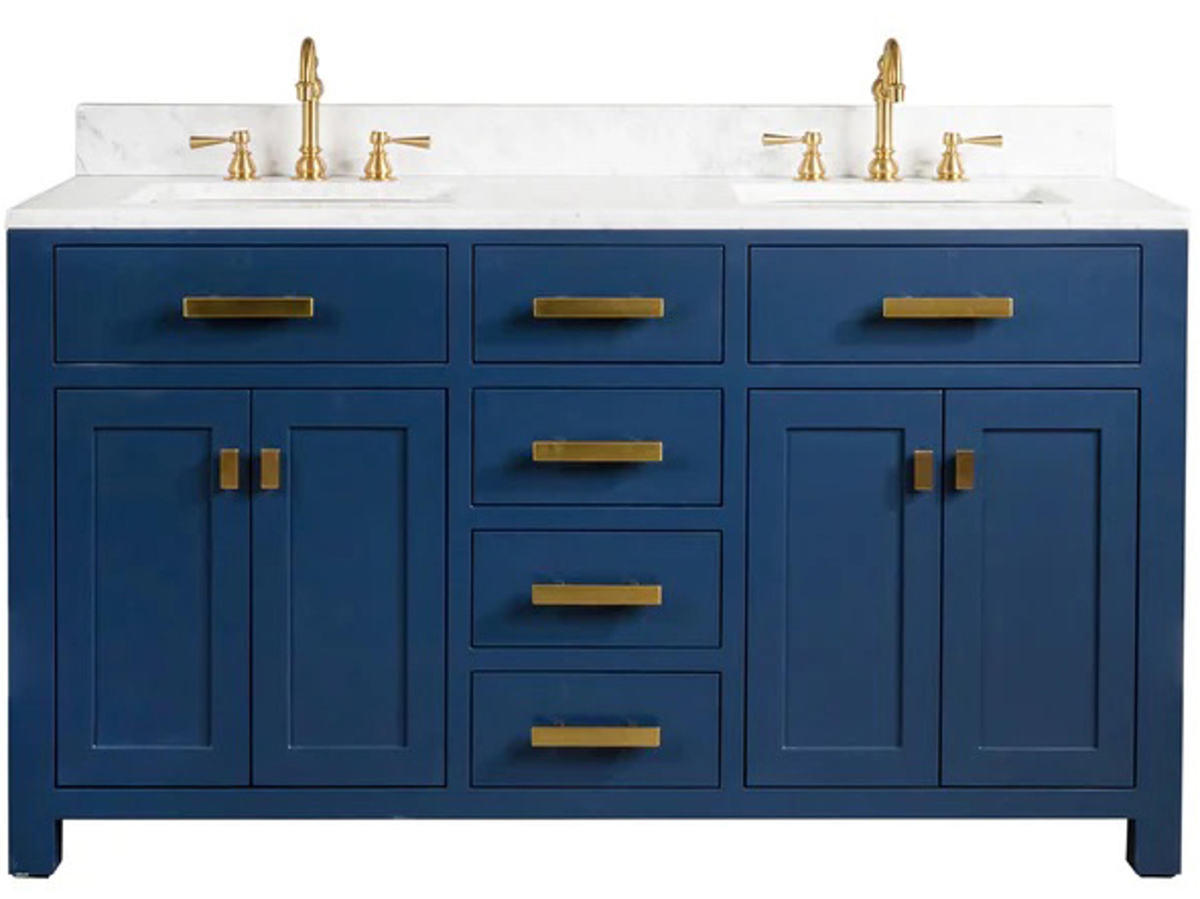 Water Creation Madison Double Sink Carrara White Marble Countertop Bath Vanity In Monarch Blue with Satin Gold Hardware and Hook Faucets