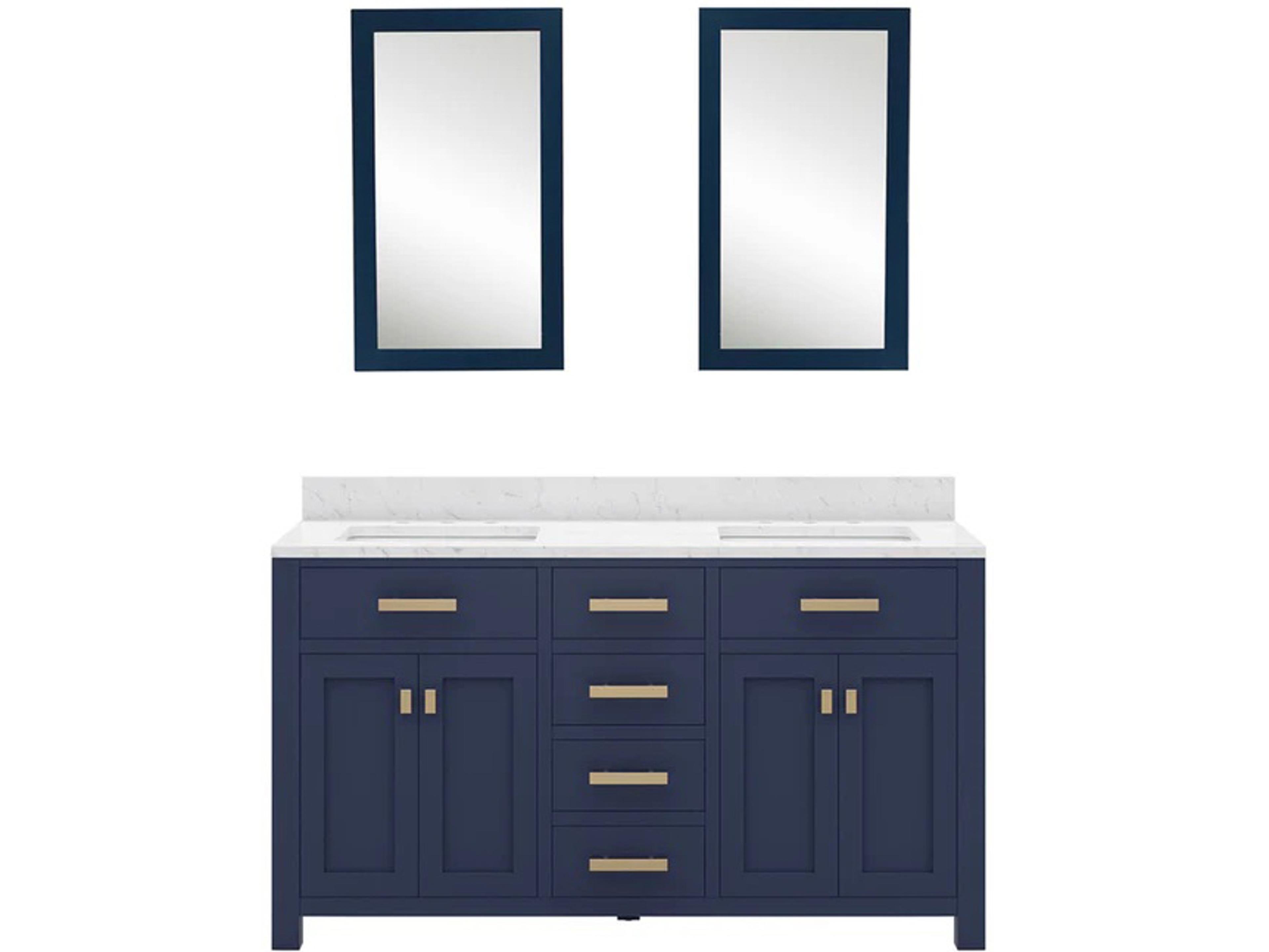 Water Creation Madison Double Sink Carrara White Marble Countertop Bath Vanity In Monarch Blue with Satin Gold Hardware and Rectangular Mirrors (S)