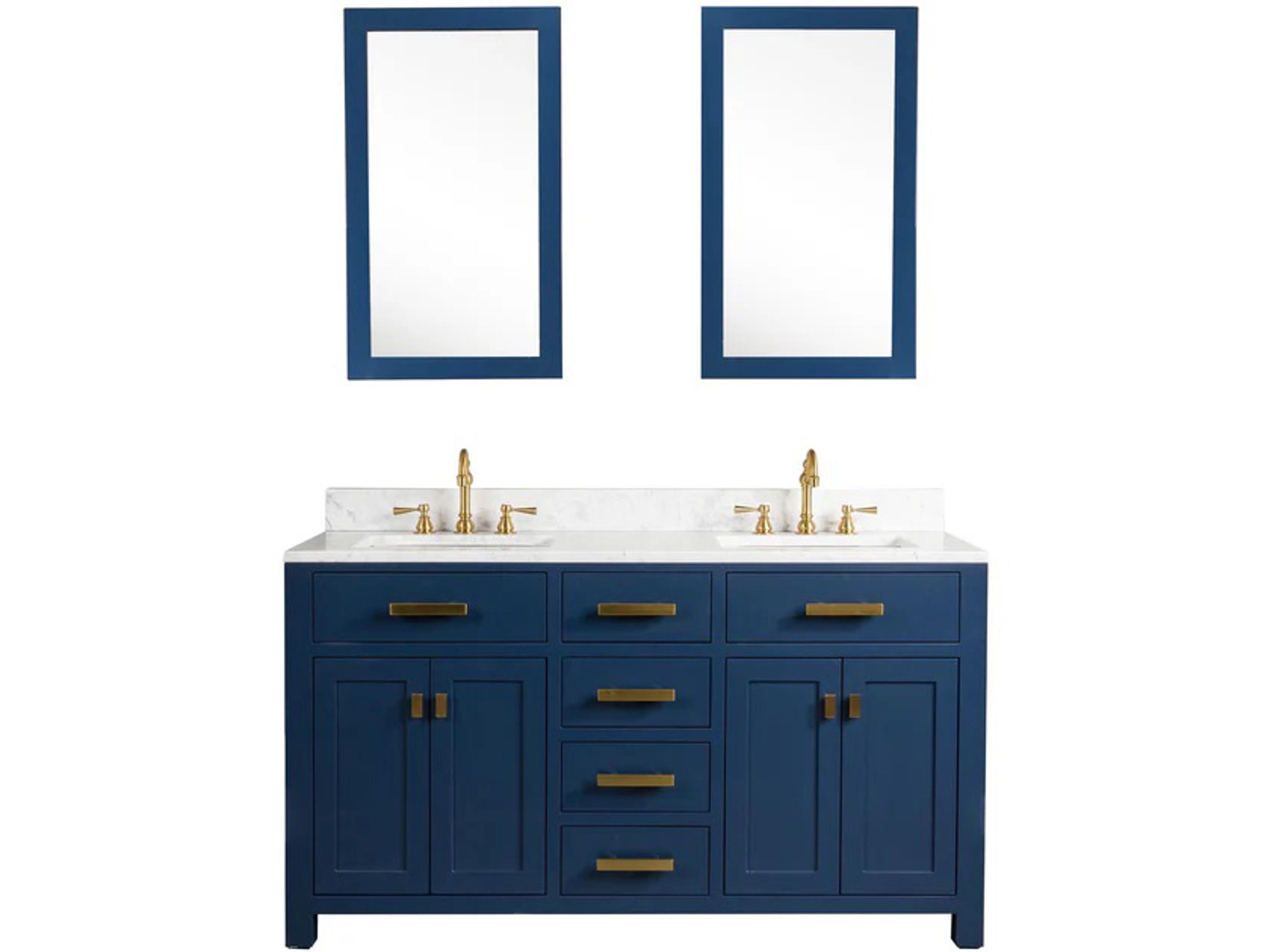 Water Creation Madison Double Sink Carrara White Marble Countertop Bath Vanity In Monarch Blue with Satin Gold Hardware, Hook Faucets and Rectangular Mirrors (S)