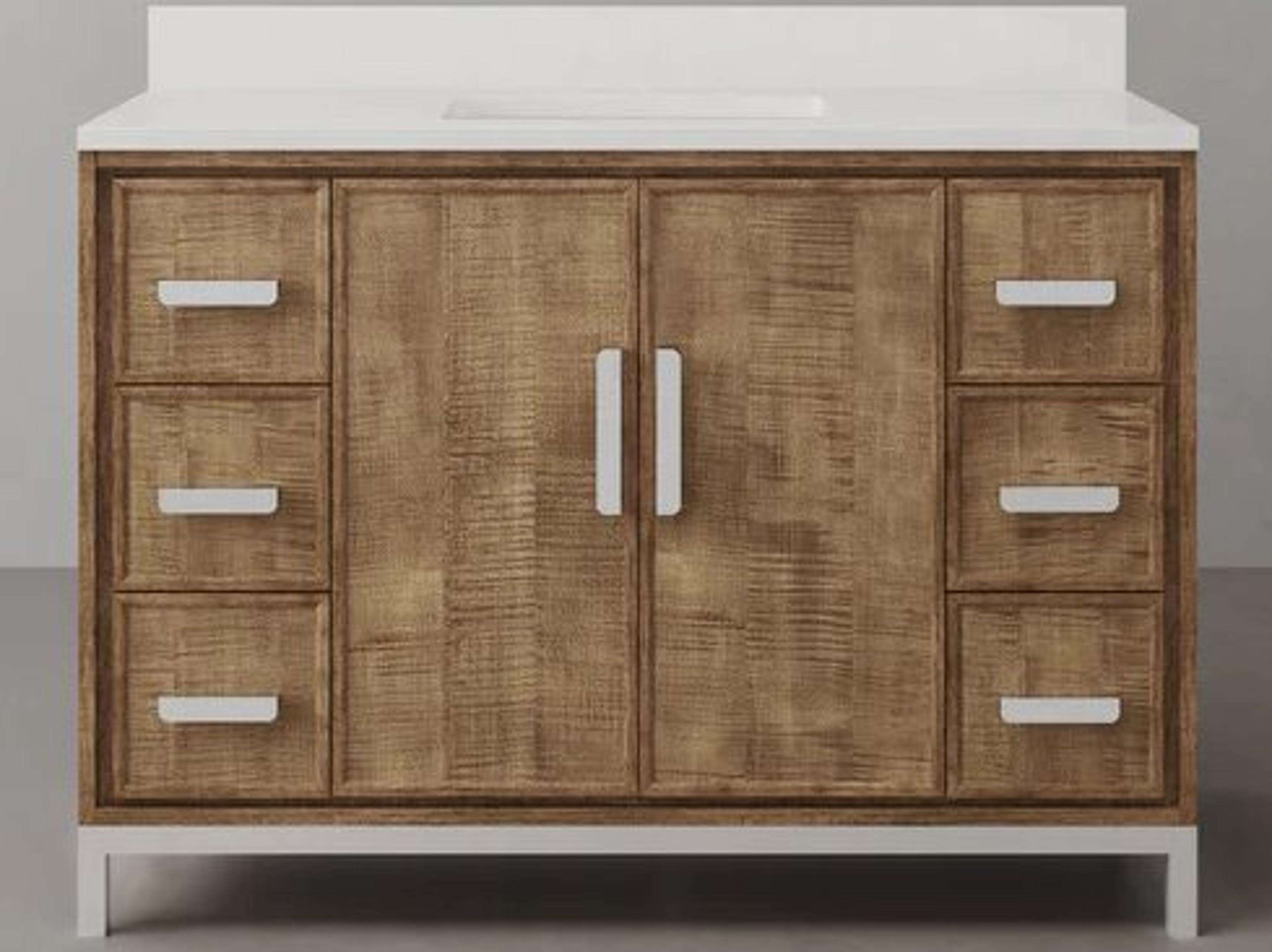 Water Creation Westin Single sink Whitebrook Quartz Countertop Bath Vanity in Lustrous Walnut  with Hook Faucet and Mirror