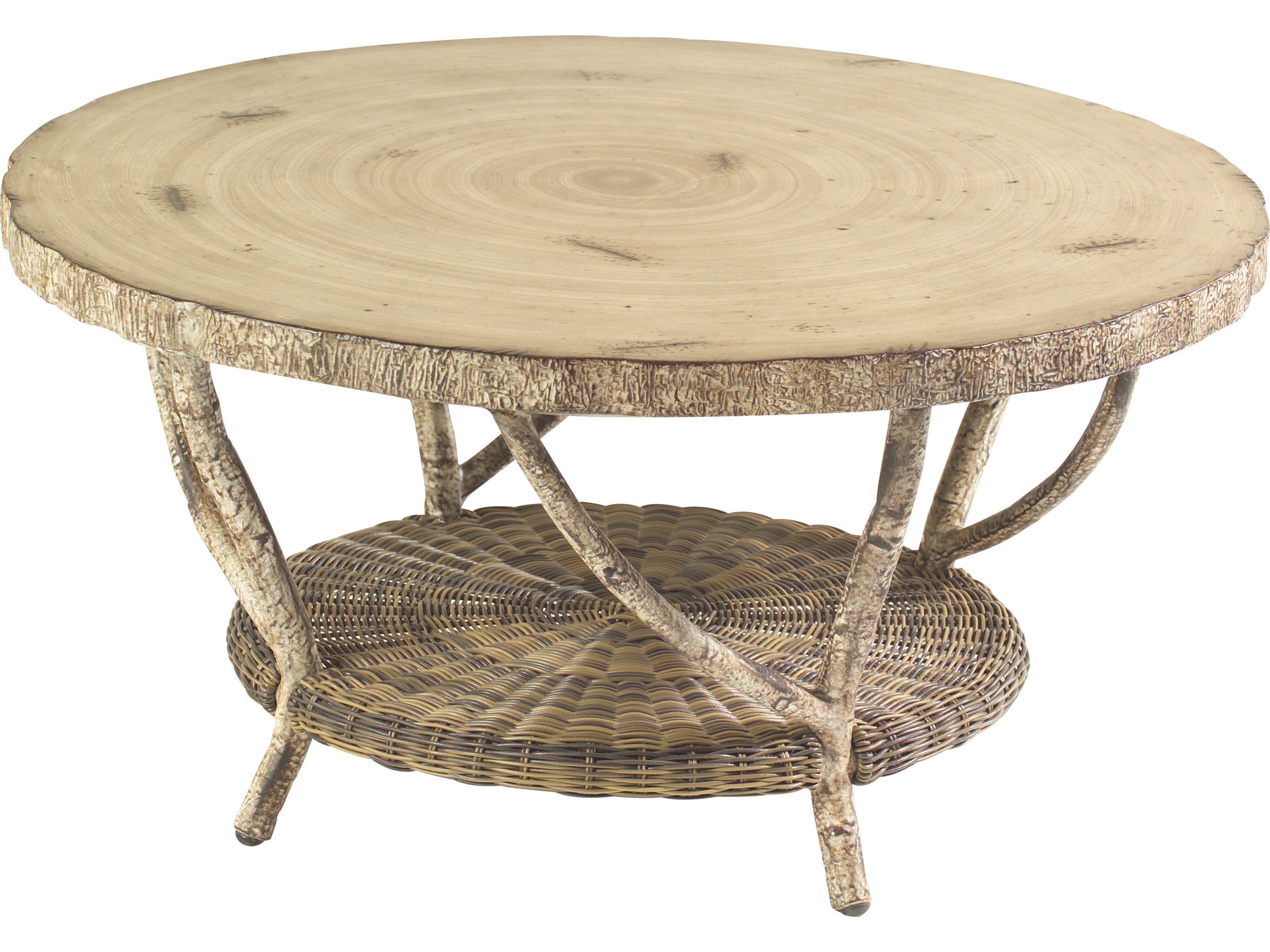 Woodard Whitecraft River Run Wicker Antique Palm Round Faux Birch Top Patio Coffee Table