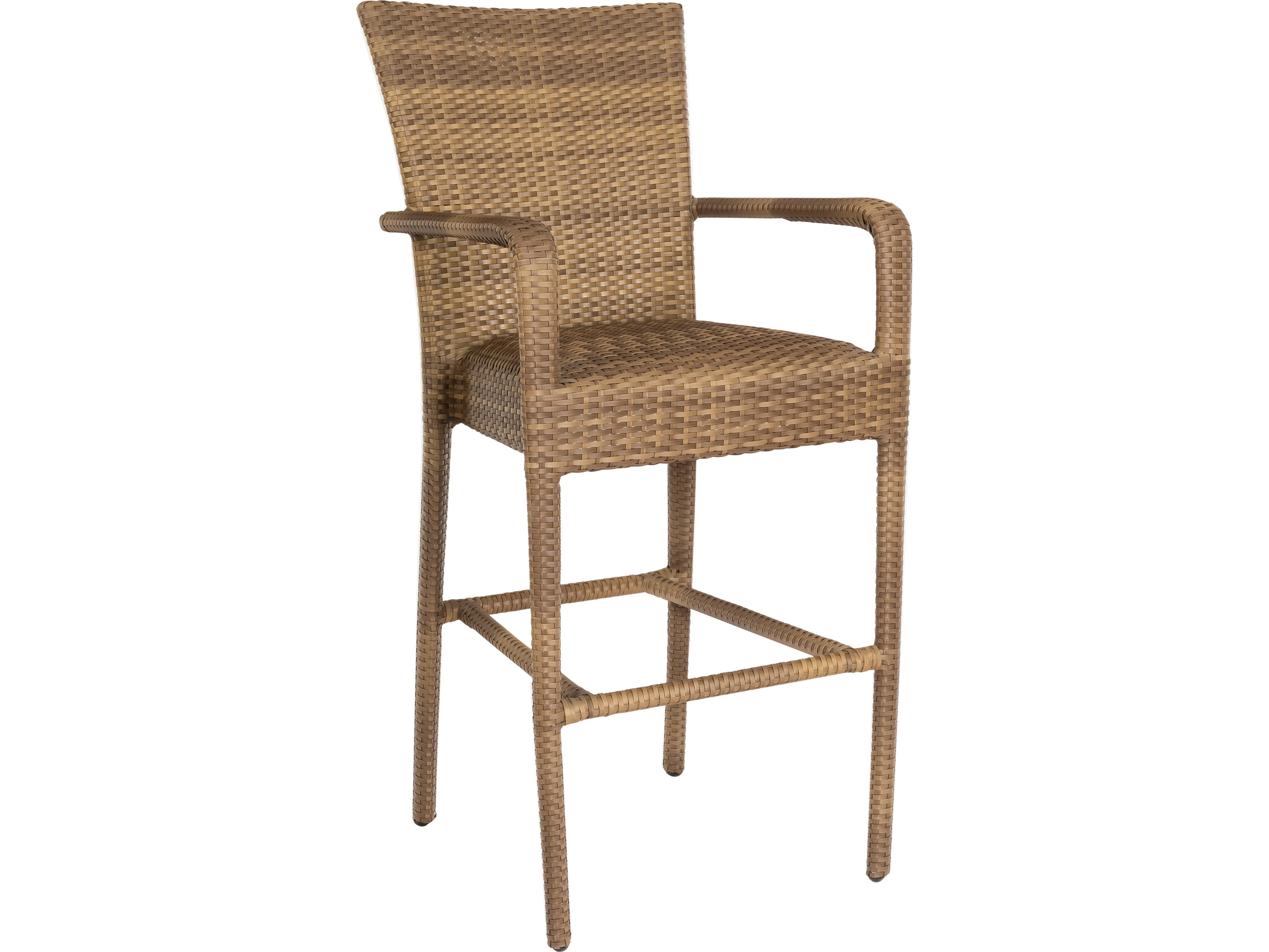 Woodard Whitecraft All Weather Wicker Padded Seat Patio Bar Stool with Arms