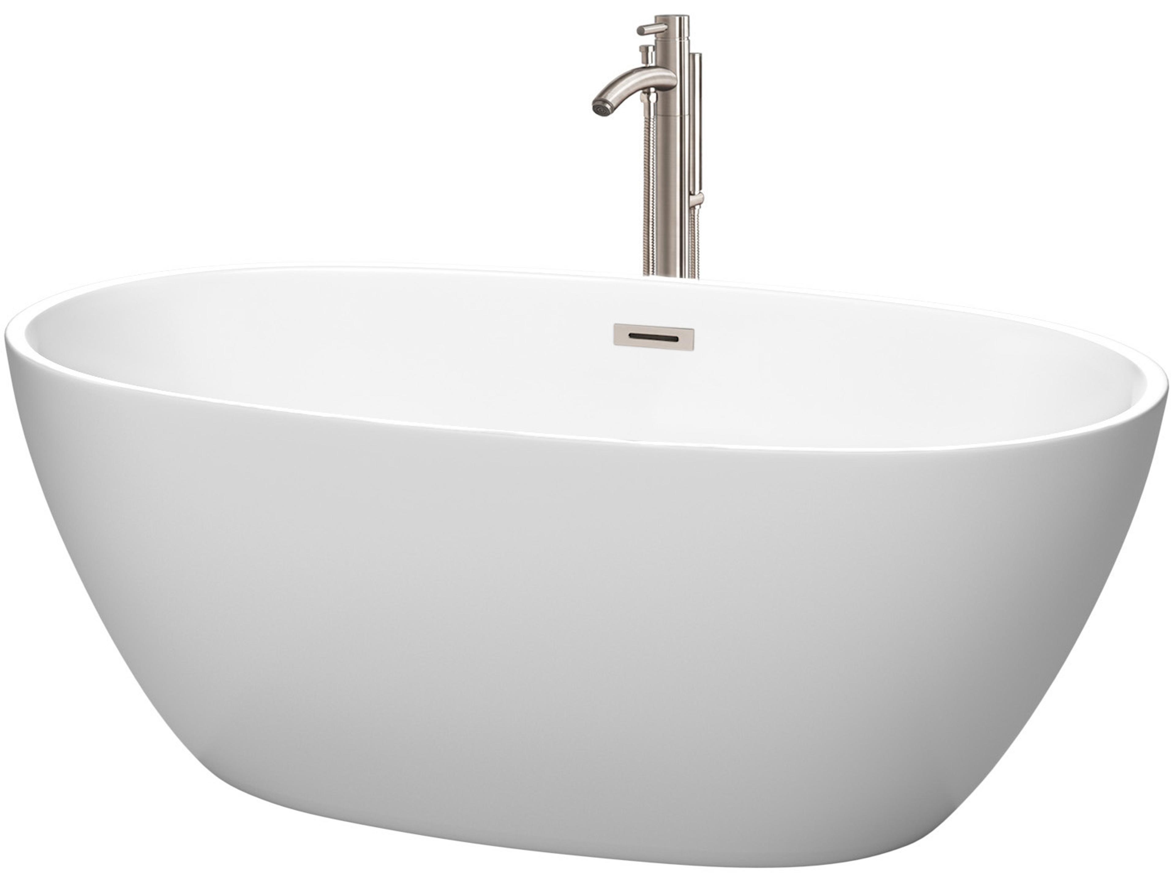 Wyndham Collection Juno Matte White Bathtub with Floor Mounted Faucet, Drain and Overflow Trim