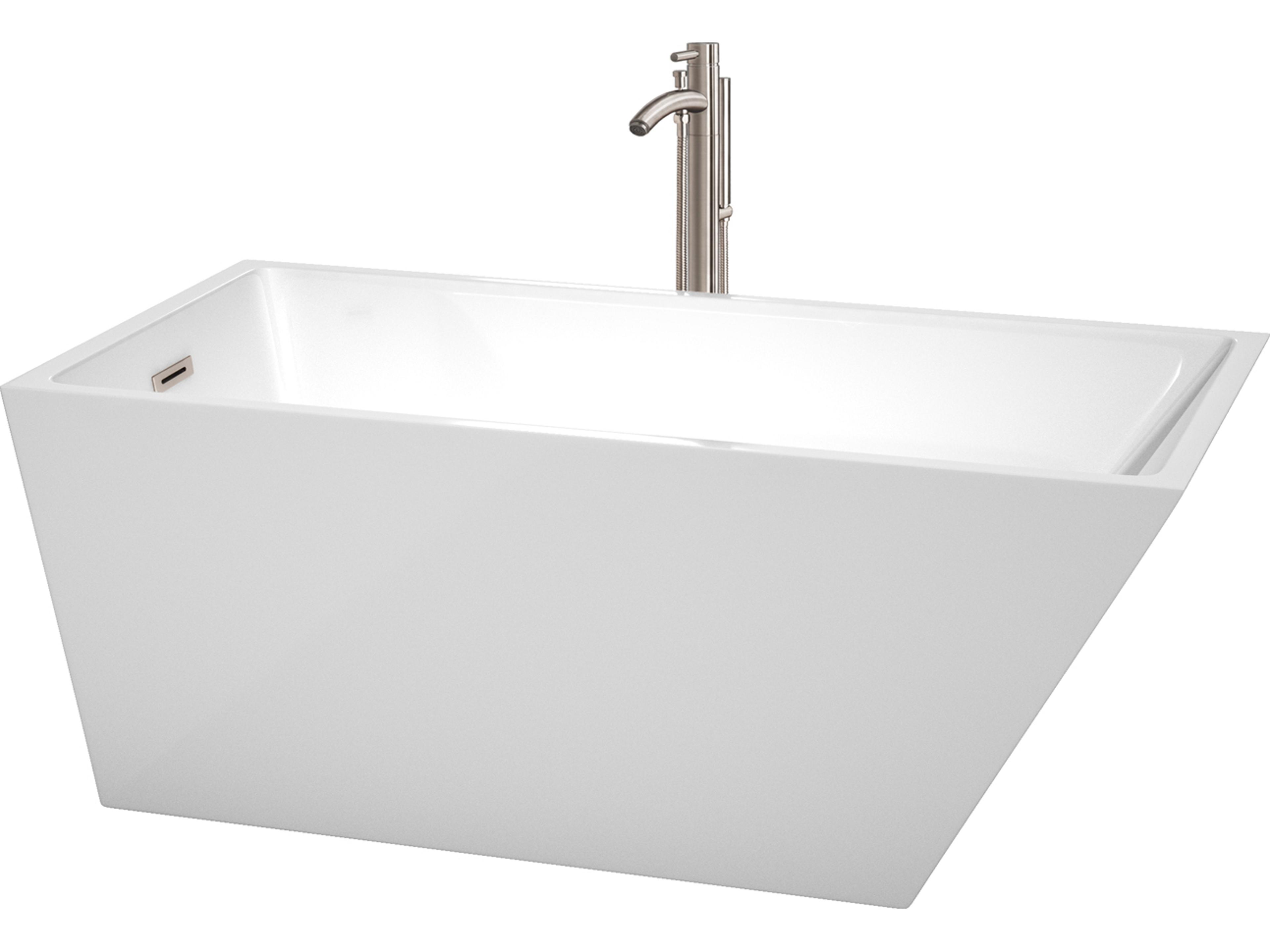Wyndham Collection Hannah White Bathtub with Floor Mounted Faucet, Drain and Overflow Trim