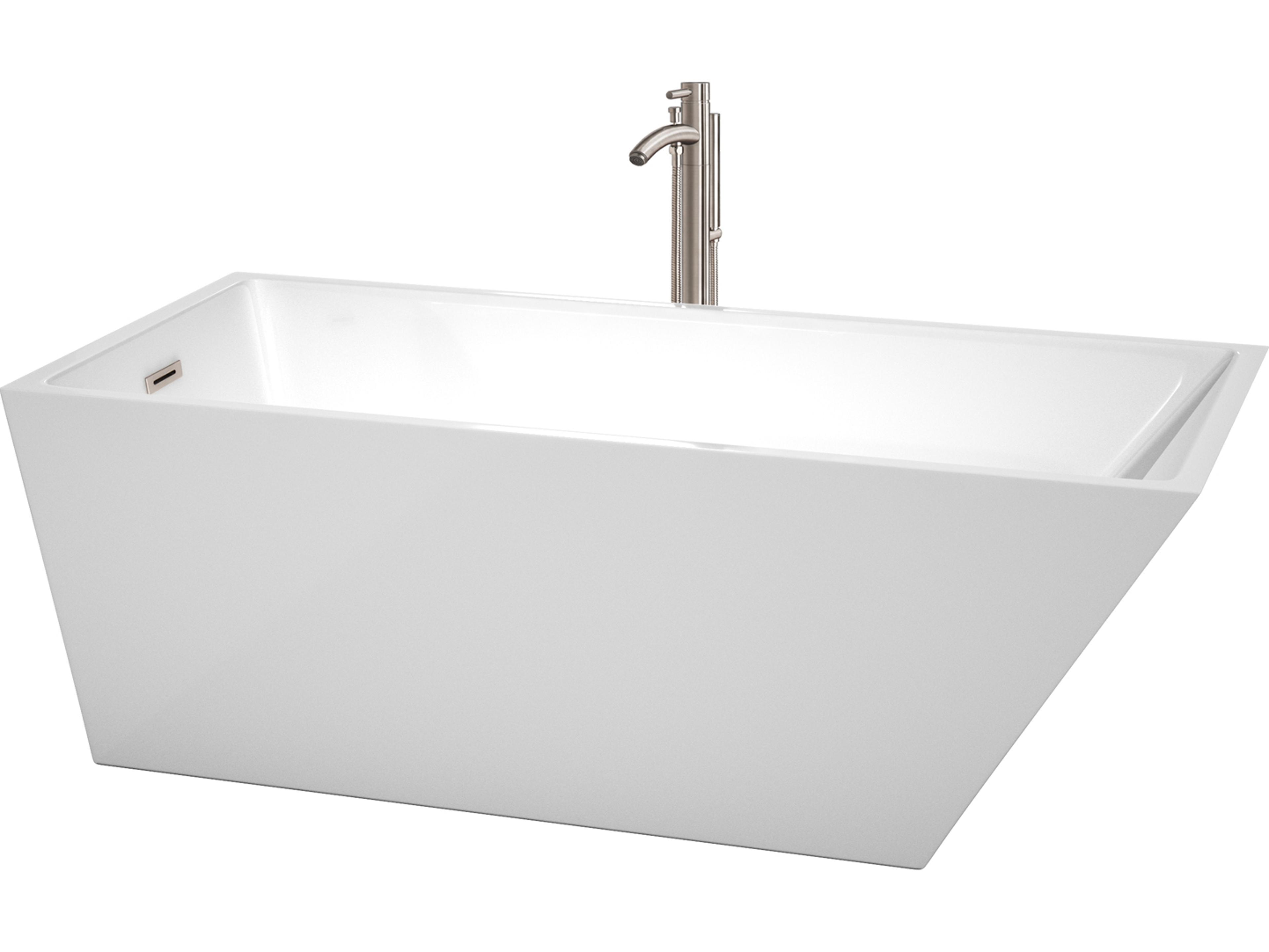 Wyndham Collection Hannah White Bathtub with Floor Mounted Faucet, Drain and Overflow Trim