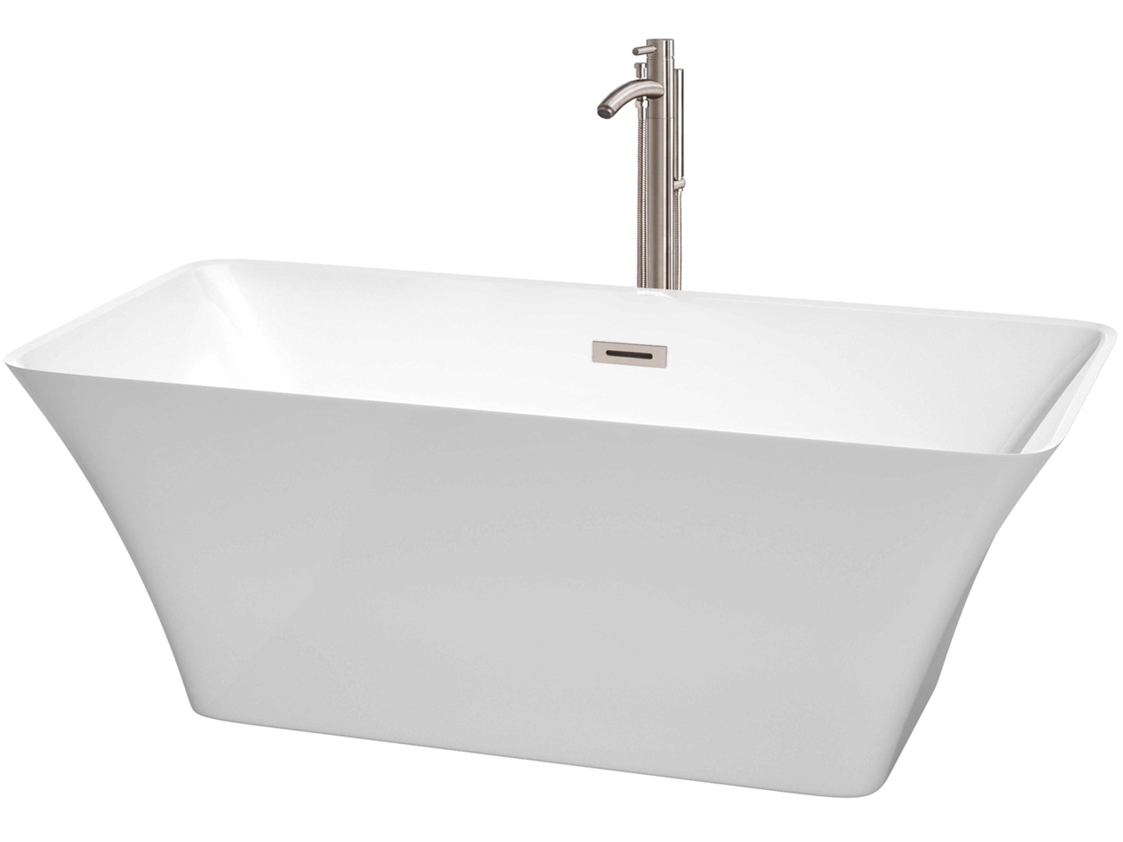 Wyndham Collection Tiffany White Bathtub with Floor Mounted Faucet, Drain and Overflow Trim