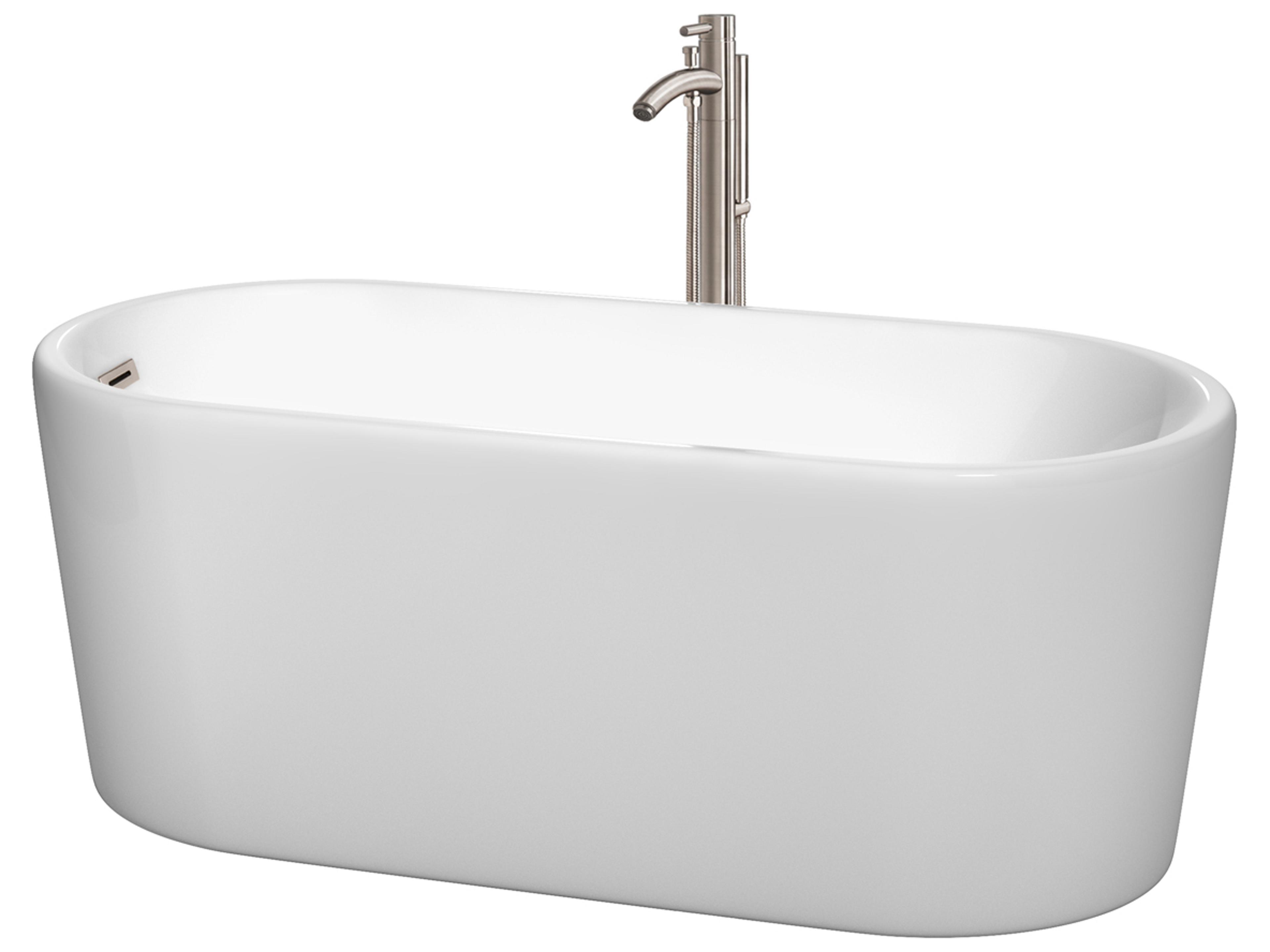 Wyndham Collection Ursula White Bathtub with Floor Mounted Faucet, Drain and Overflow Trim