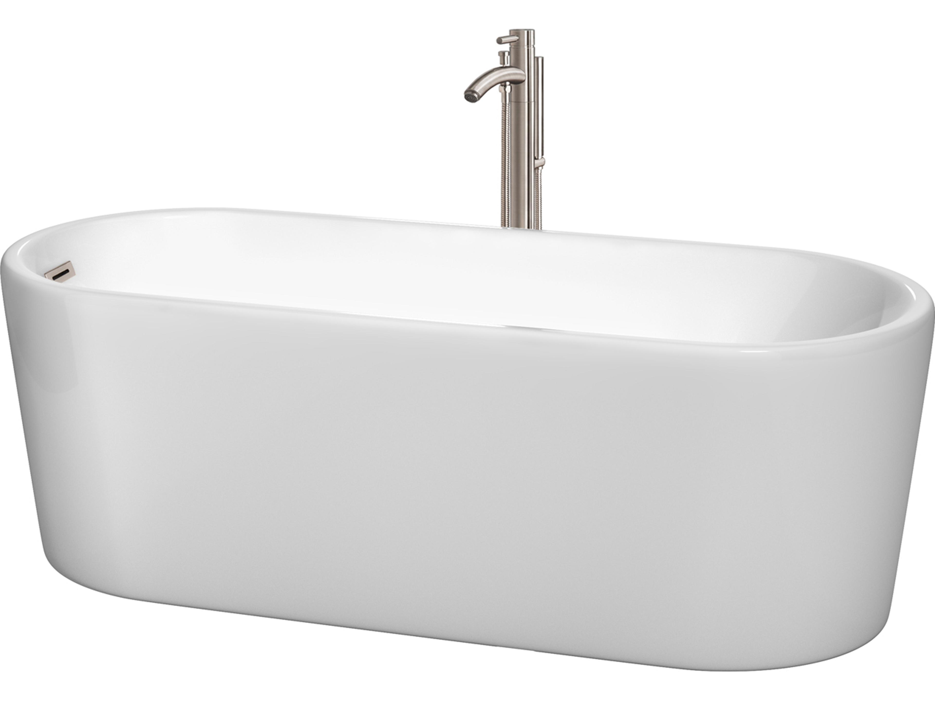 Wyndham Collection Ursula White Bathtub with Floor Mounted Faucet, Drain and Overflow Trim