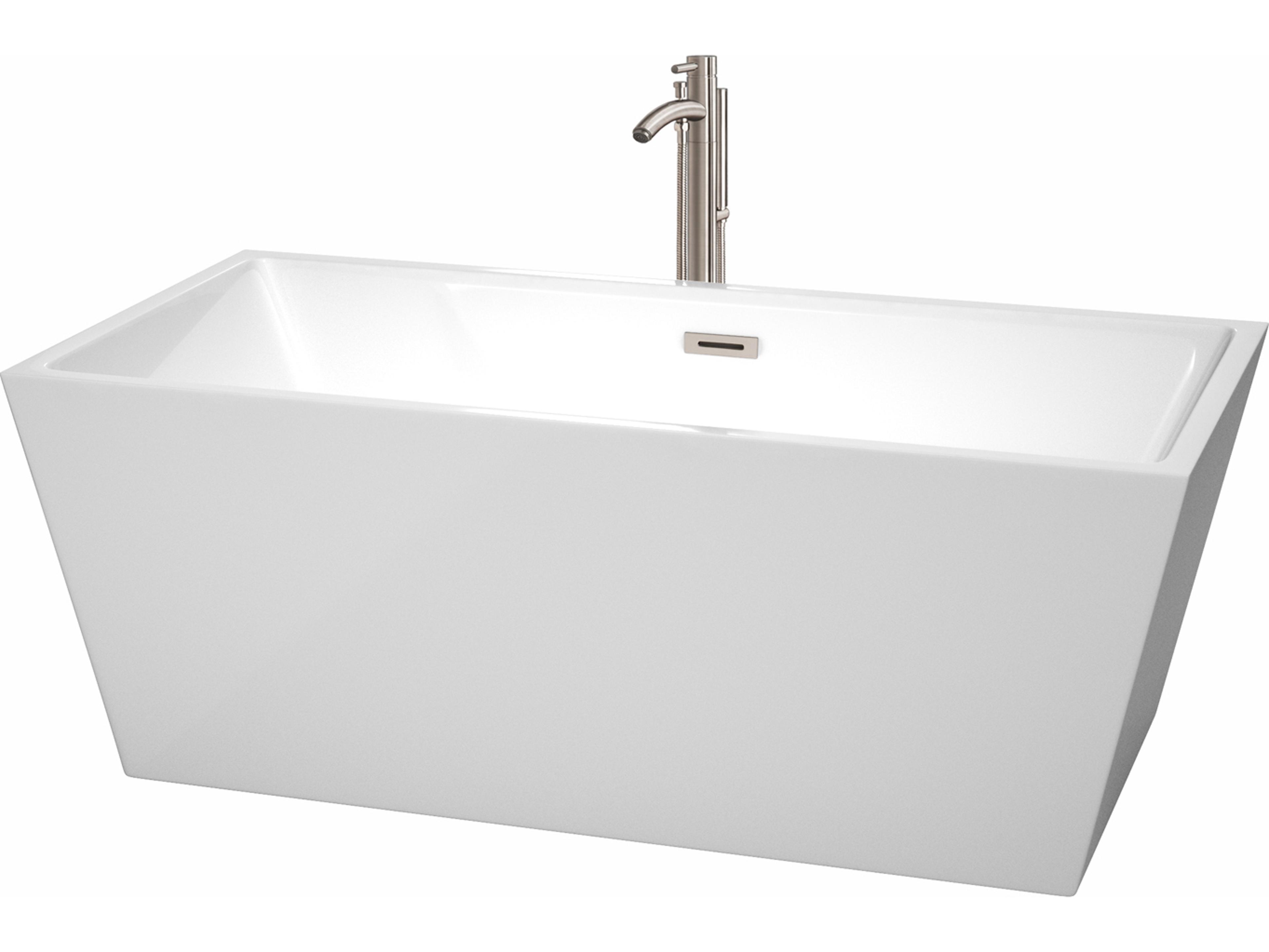 Wyndham Collection Sara White Bathtub with Floor Mounted Faucet, Drain and Overflow Trim