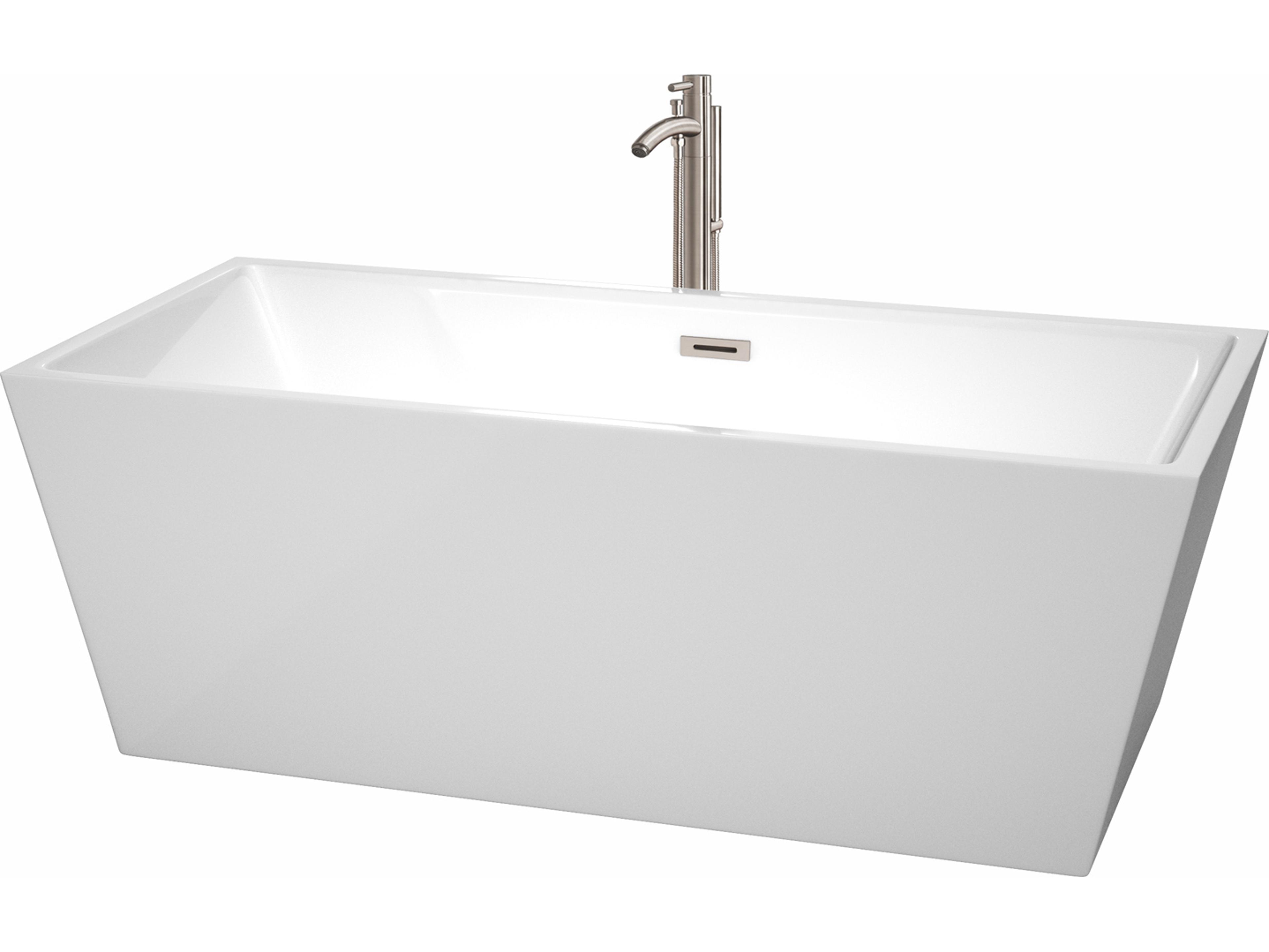 Wyndham Collection Sara White Bathtub with Floor Mounted Faucet, Drain and Overflow Trim