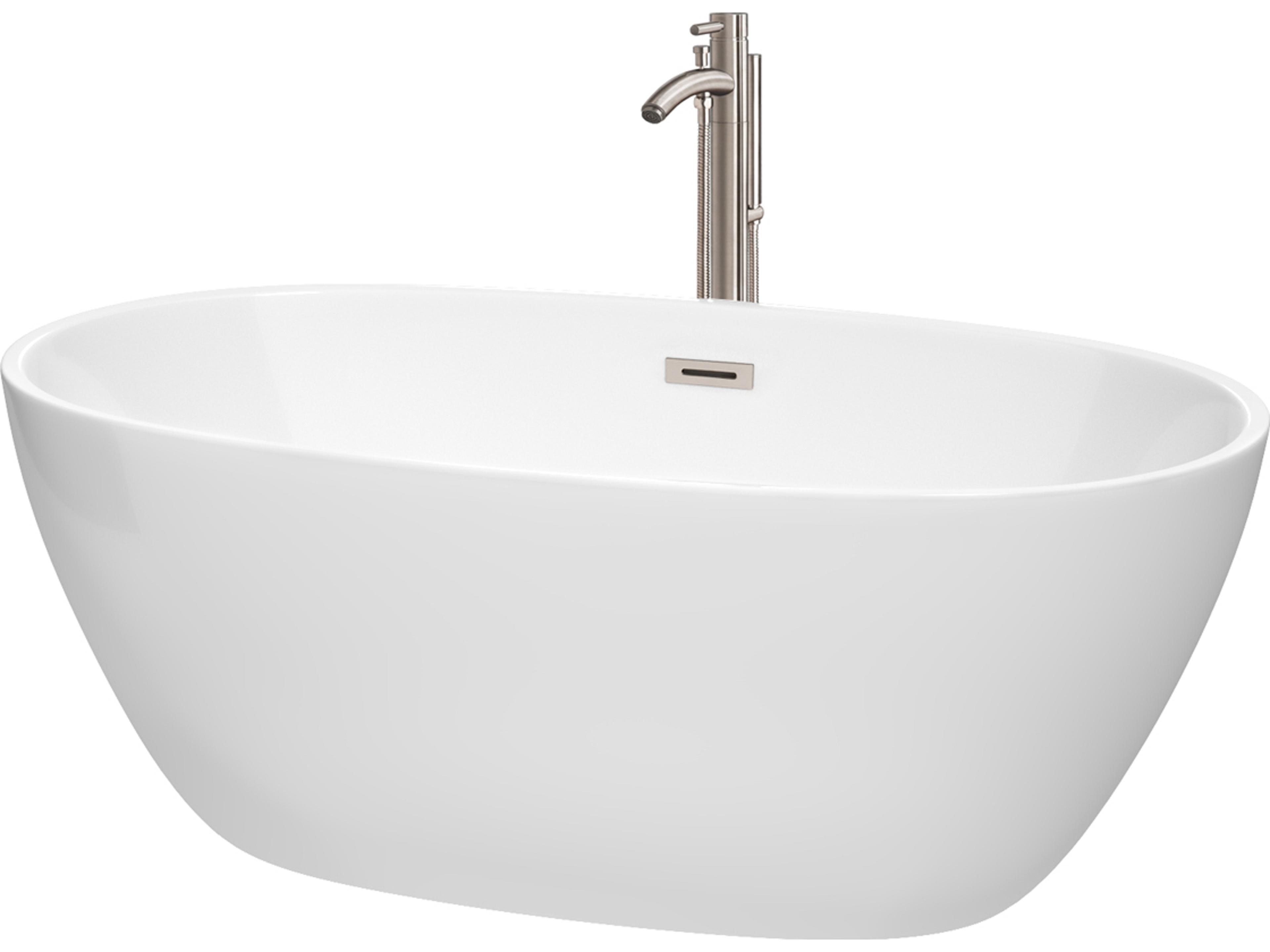 Wyndham Collection Juno White Bathtub with Floor Mounted Faucet, Drain and Overflow Trim