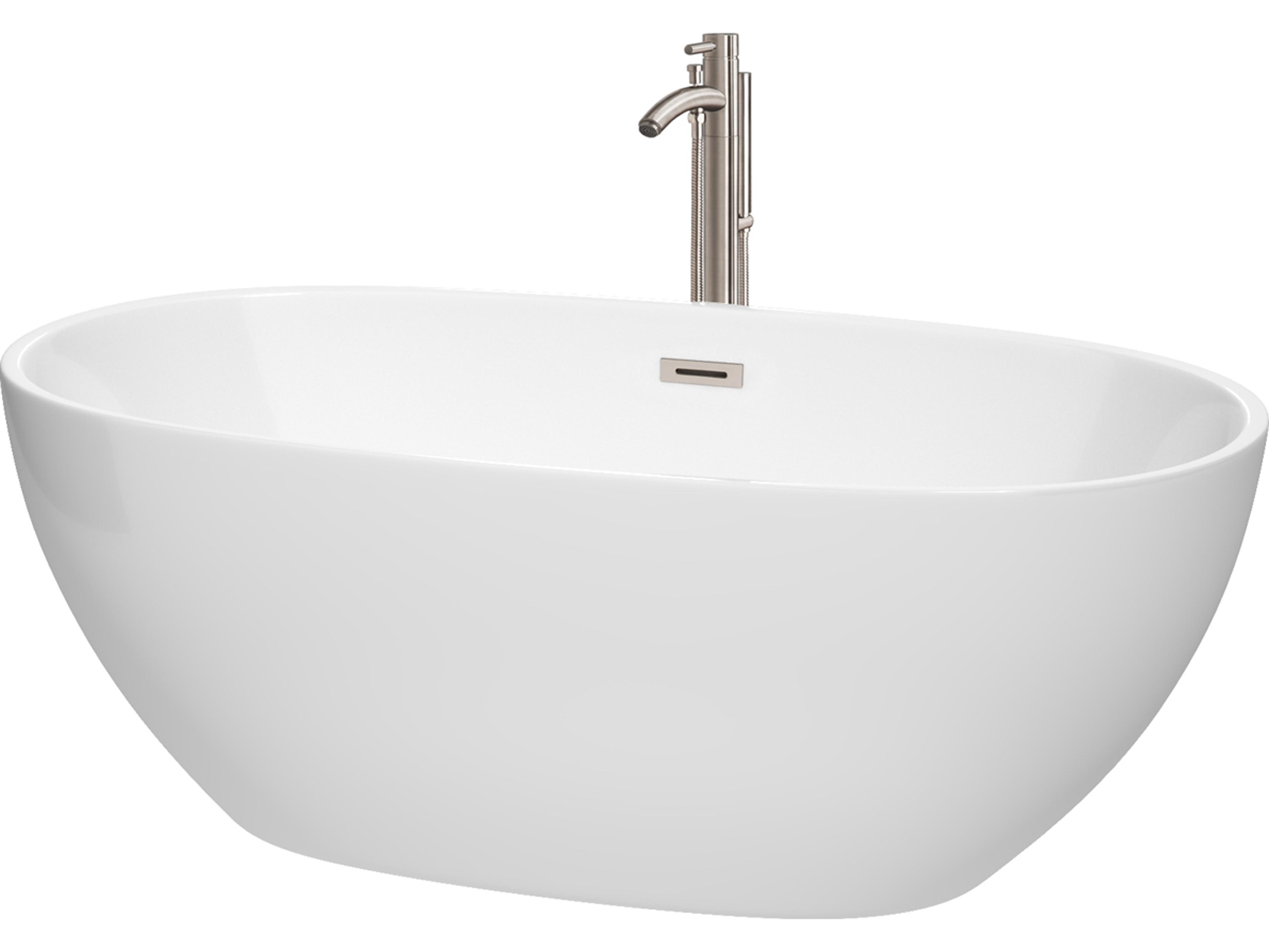 Wyndham Collection Juno White Bathtub with Floor Mounted Faucet, Drain and Overflow Trim