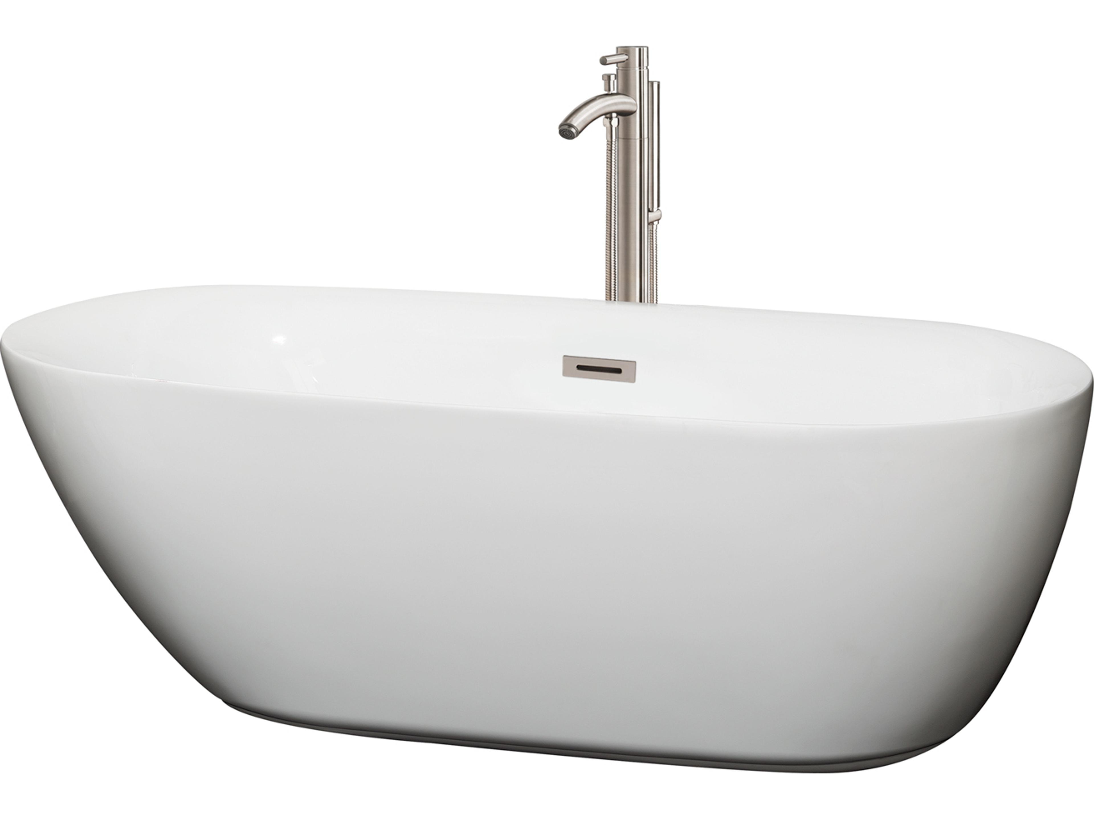 Wyndham Collection Melissa White Bathtub with Floor Mounted Faucet, Drain and Overflow Trim