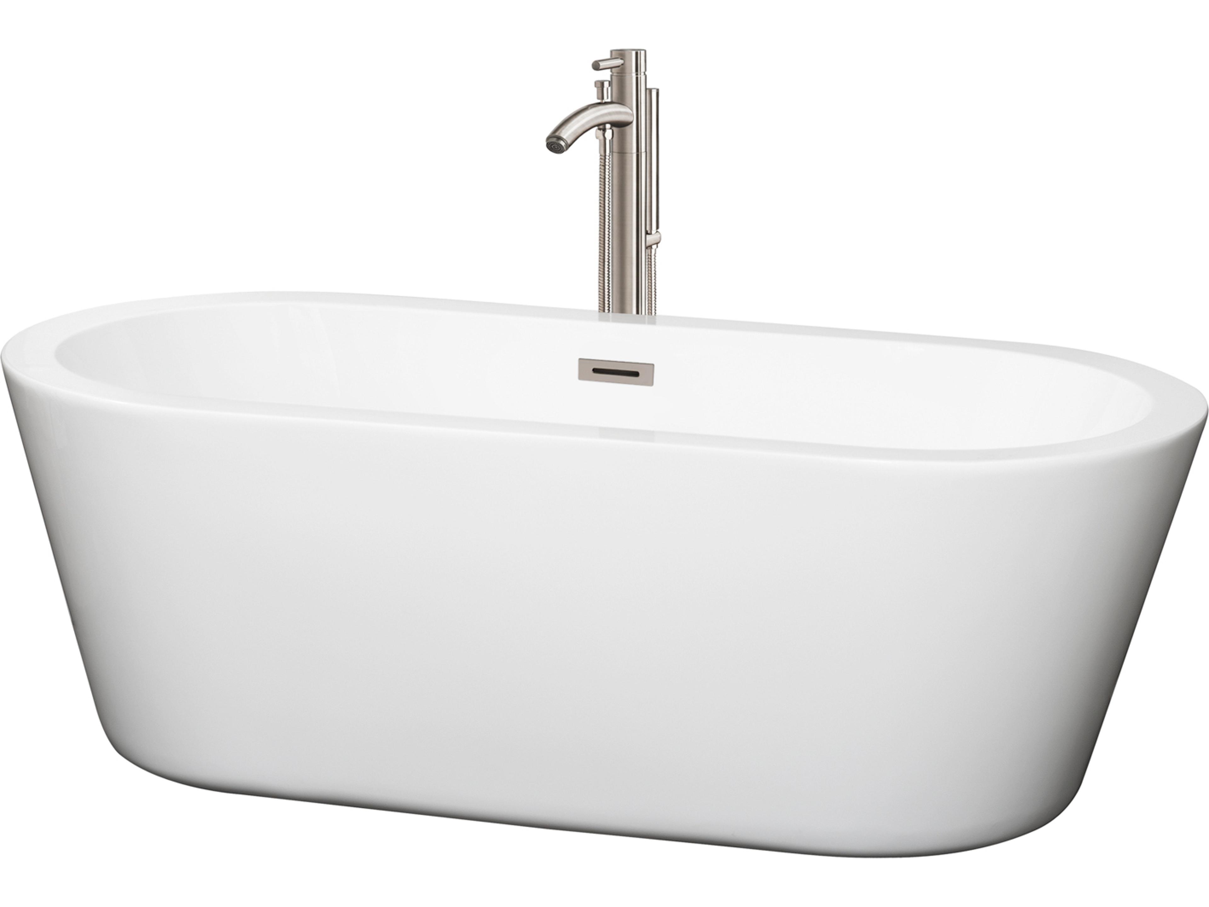 Wyndham Collection Mermaid White Bathtub with Floor Mounted Faucet, Drain and Overflow Trim