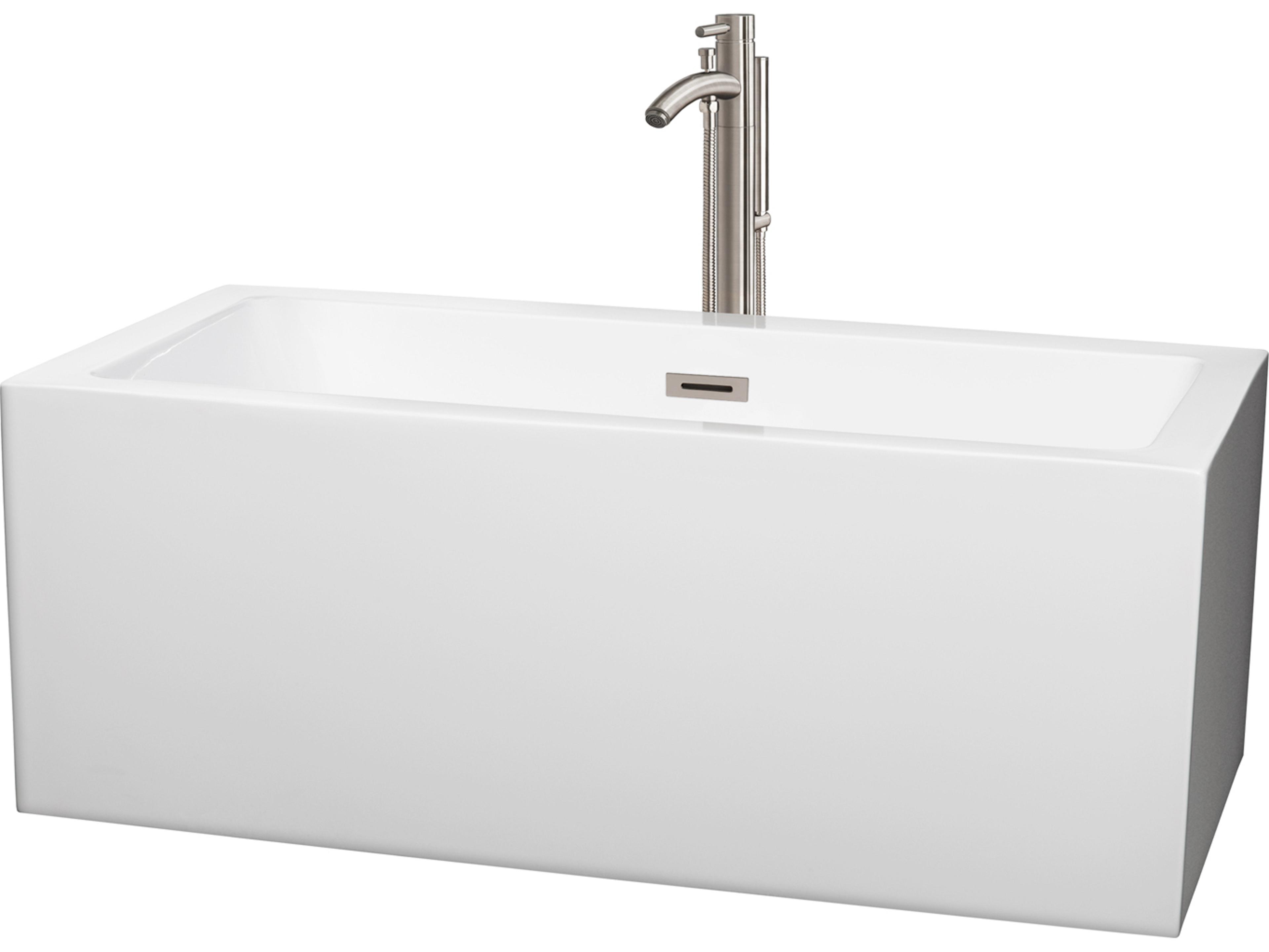 Wyndham Collection Melody White Bathtub with Floor Mounted Faucet, Drain and Overflow Trim