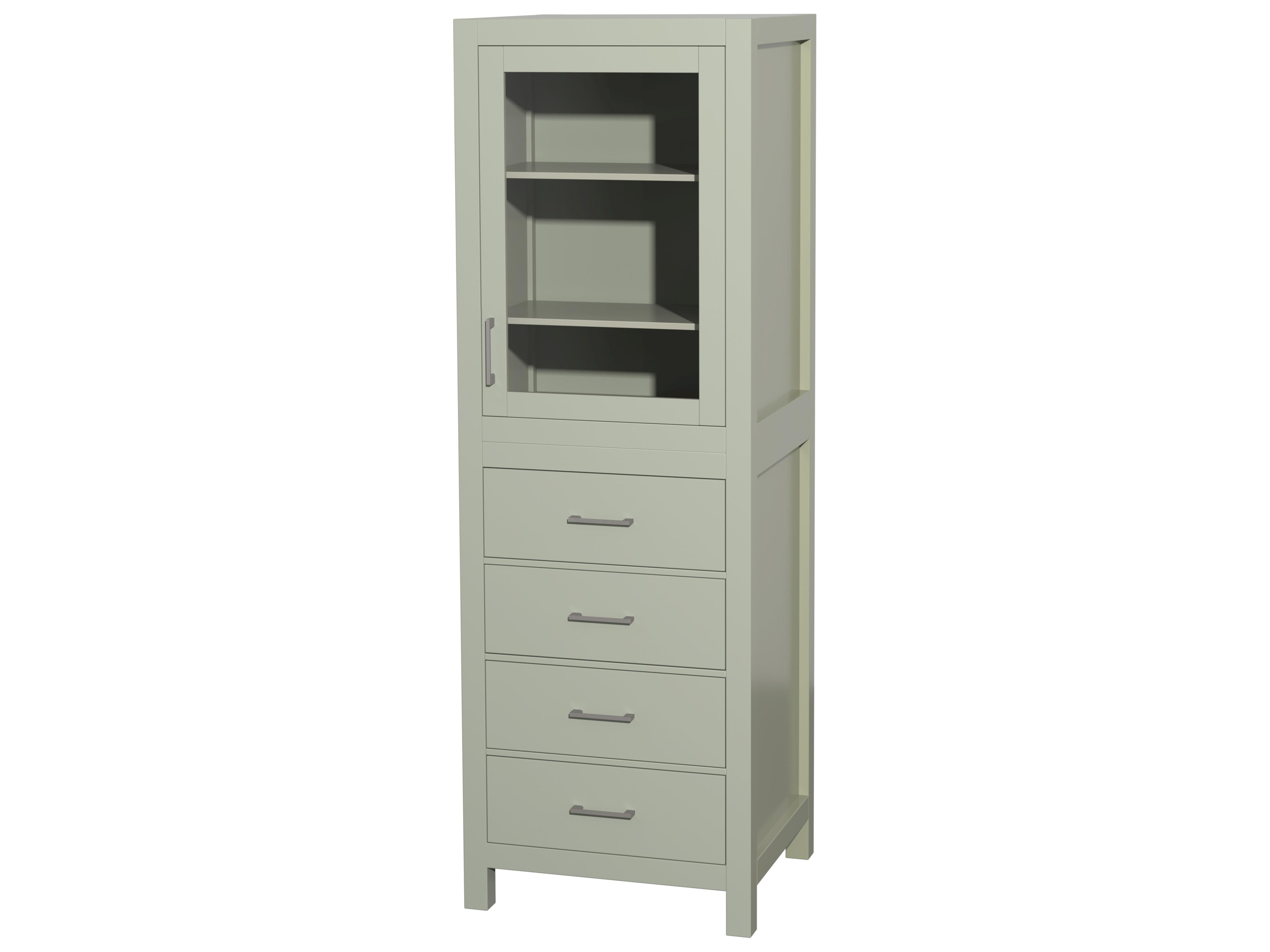 Wyndham Collection Sheffield Light Green Linen Tower with Shelved Cabinet Storage and 4 Drawers