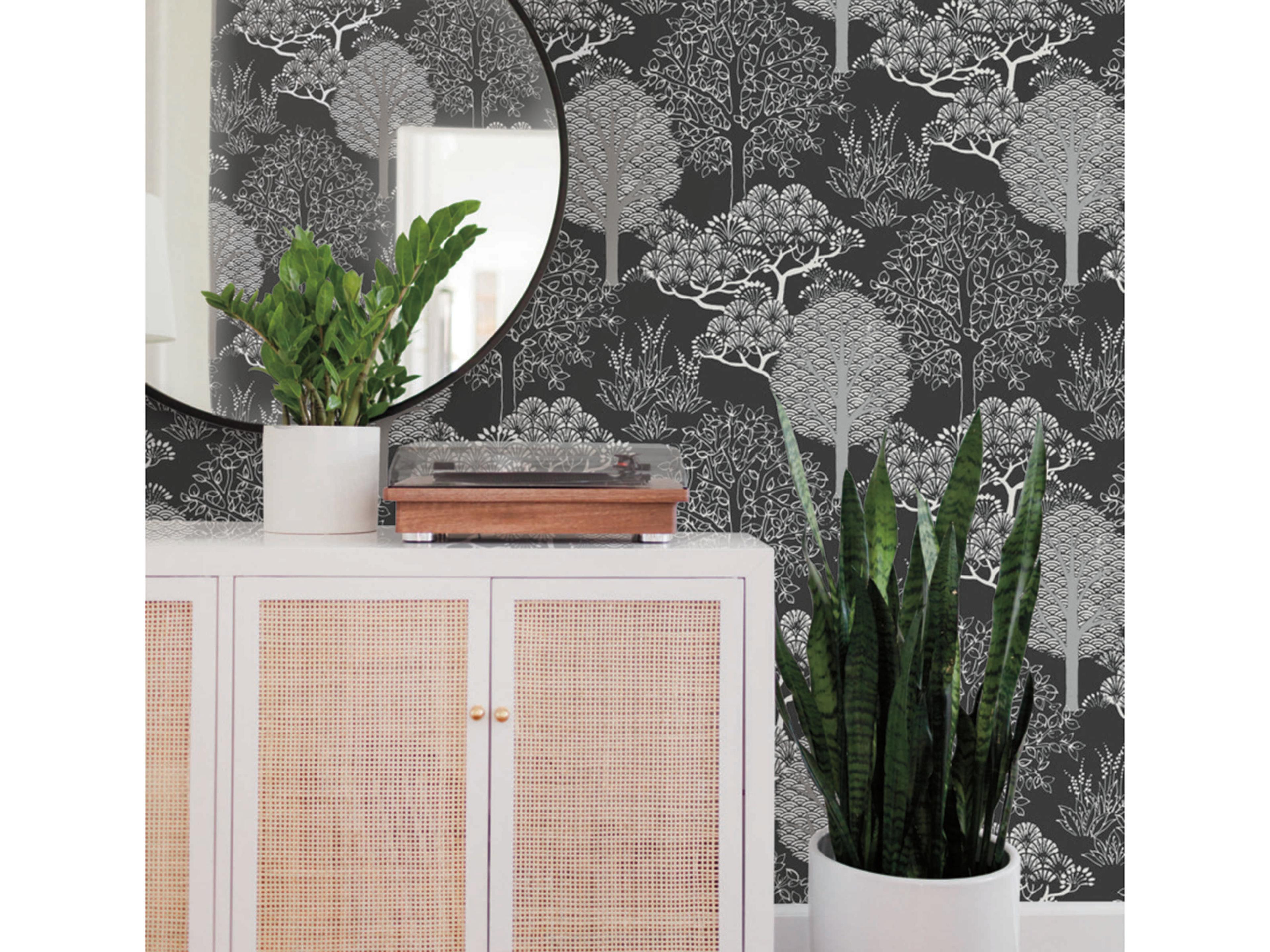 York Wallcoverings Black & White Resource Library Black Metallic Kimono Trees Wallpaper