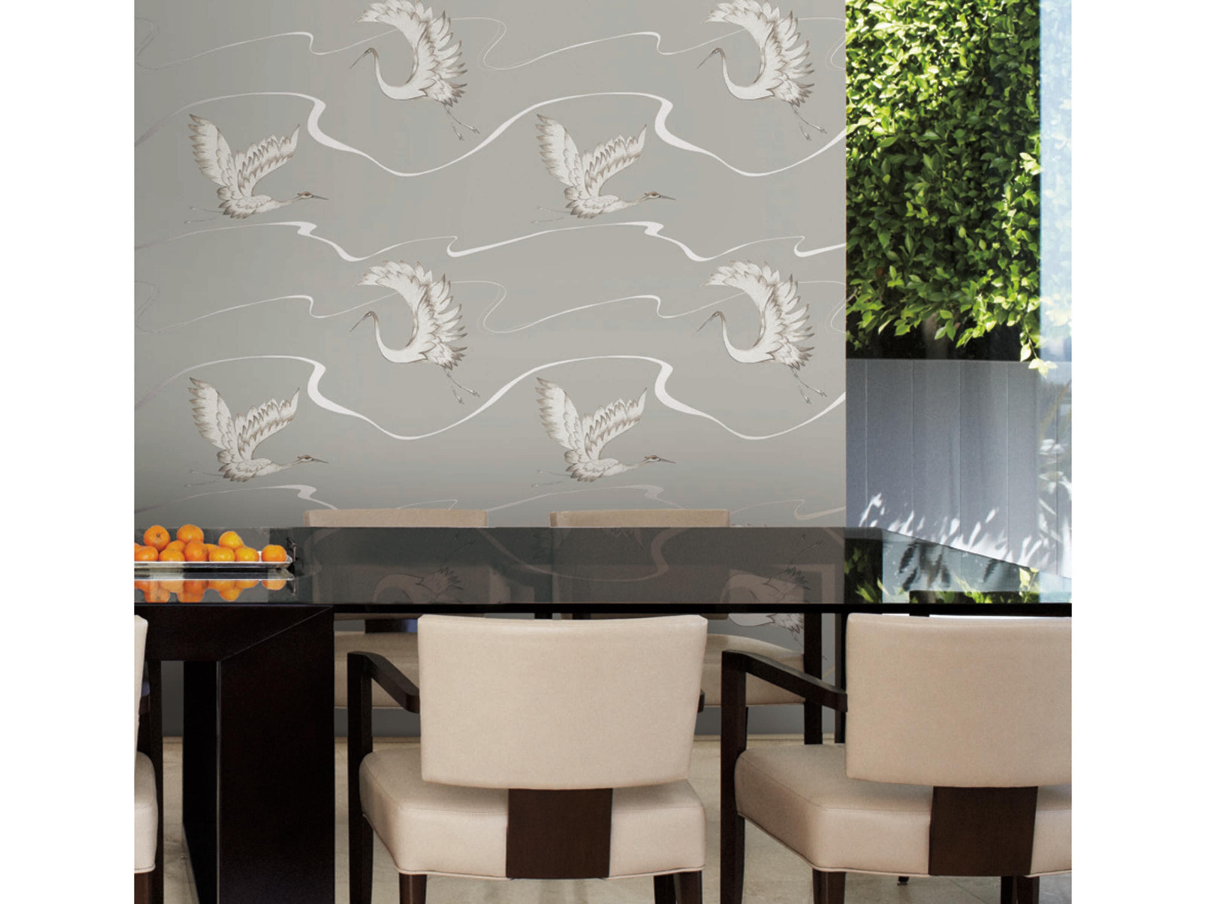 York Wallcoverings Black & White Resource Library Taupe Soaring Cranes Wallpaper