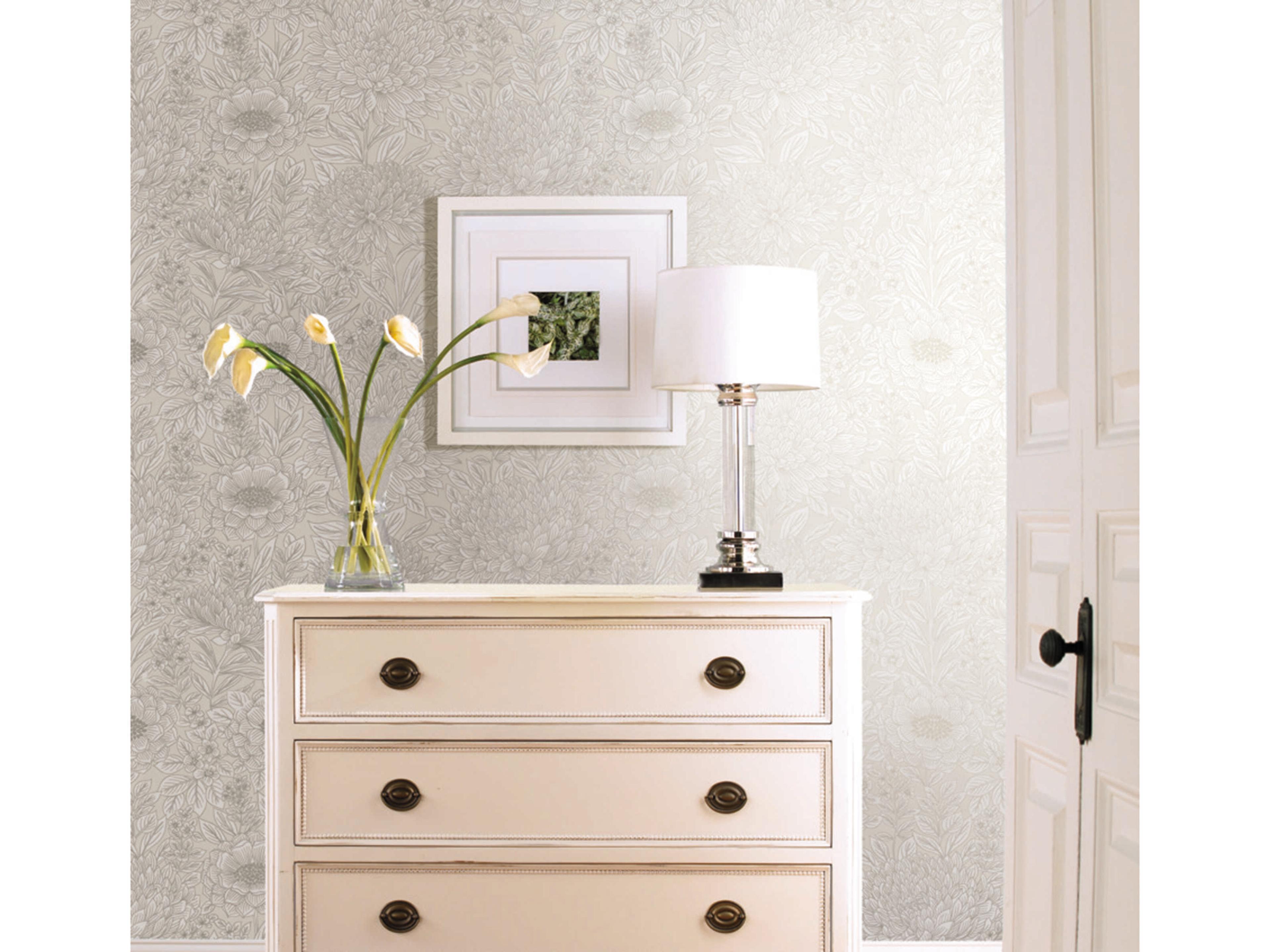 York Wallcoverings Black & White Resource Library Cream Wood Block Blooms Wallpaper