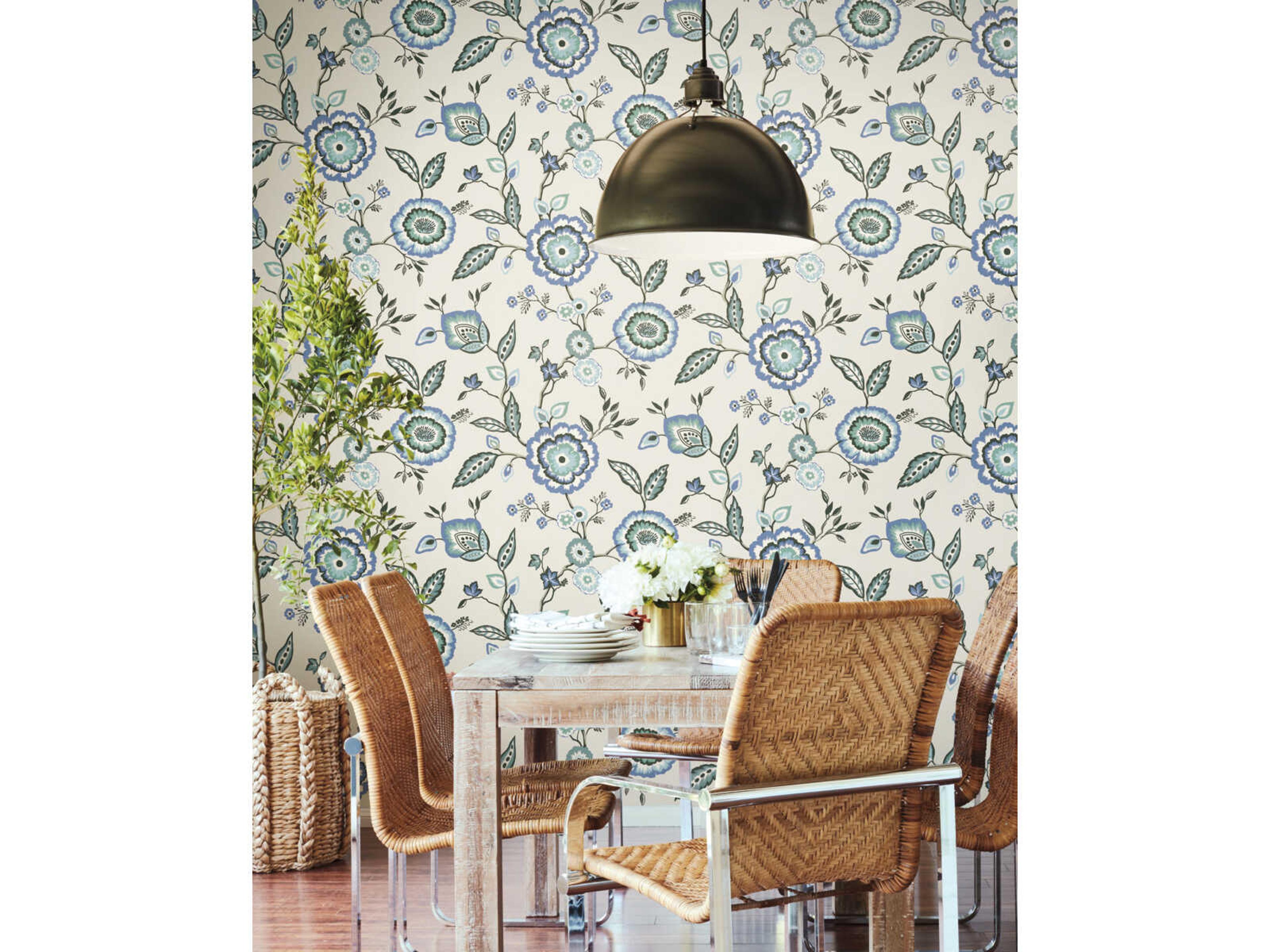 York Wallcoverings Greenhouse Blue White Dahlia Blooms Wallpaper