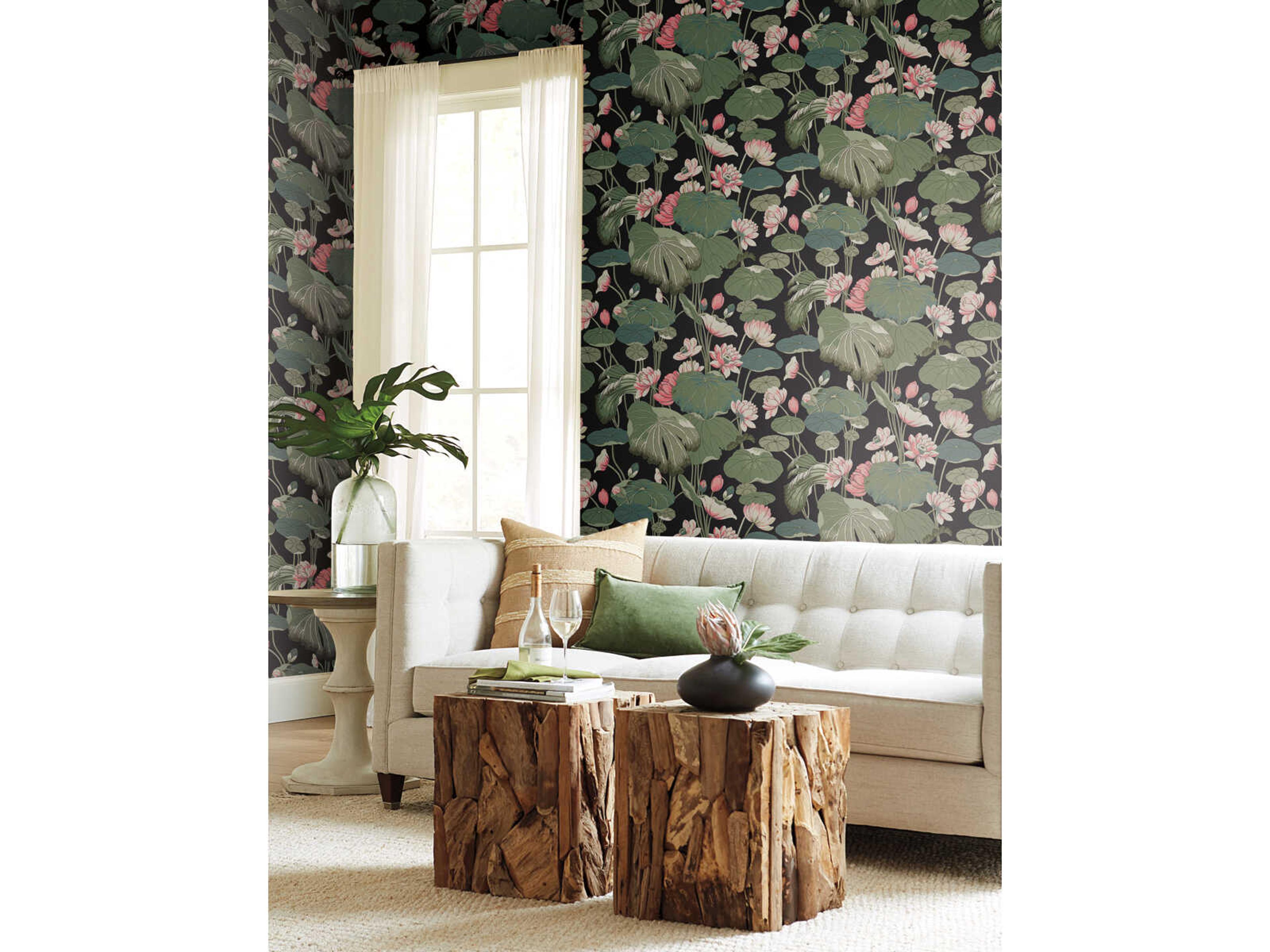 York Wallcoverings Greenhouse Black Pink Lotus Pond Wallpaper
