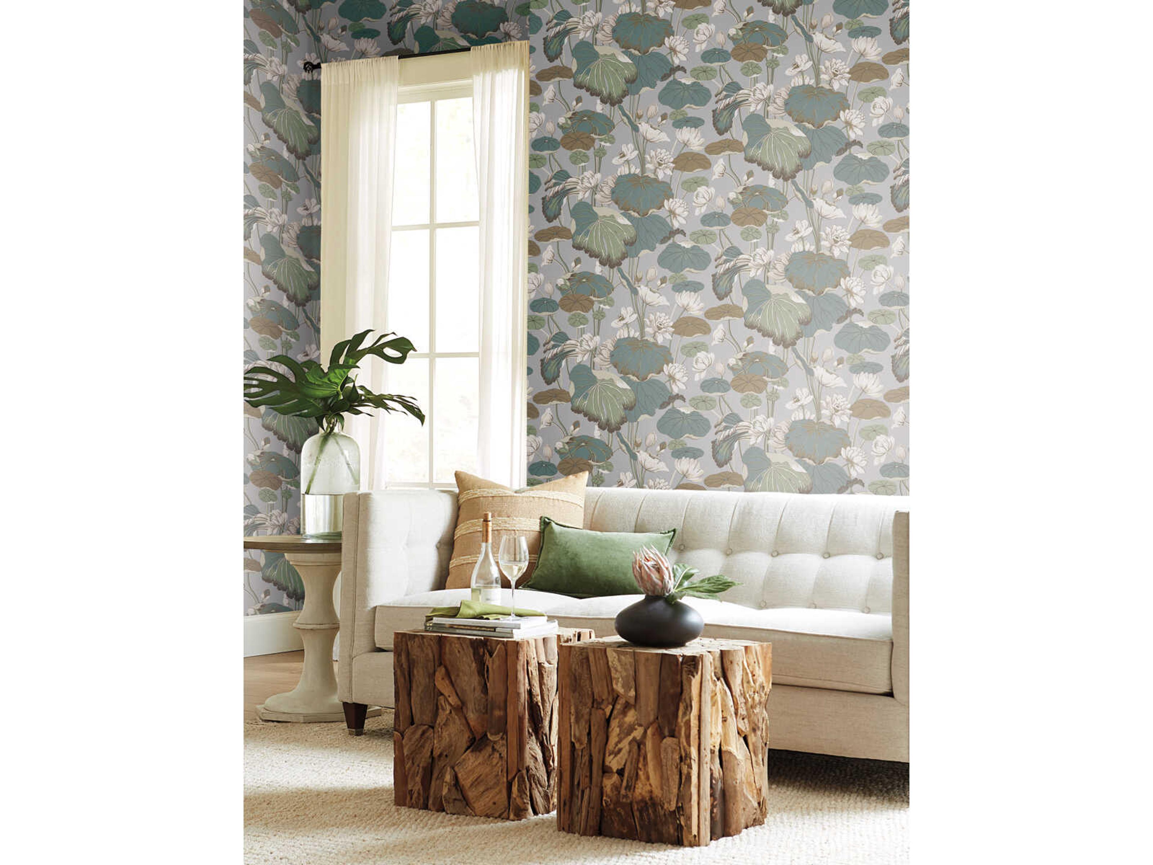 York Wallcoverings Greenhouse Grey Blue Lotus Pond Wallpaper