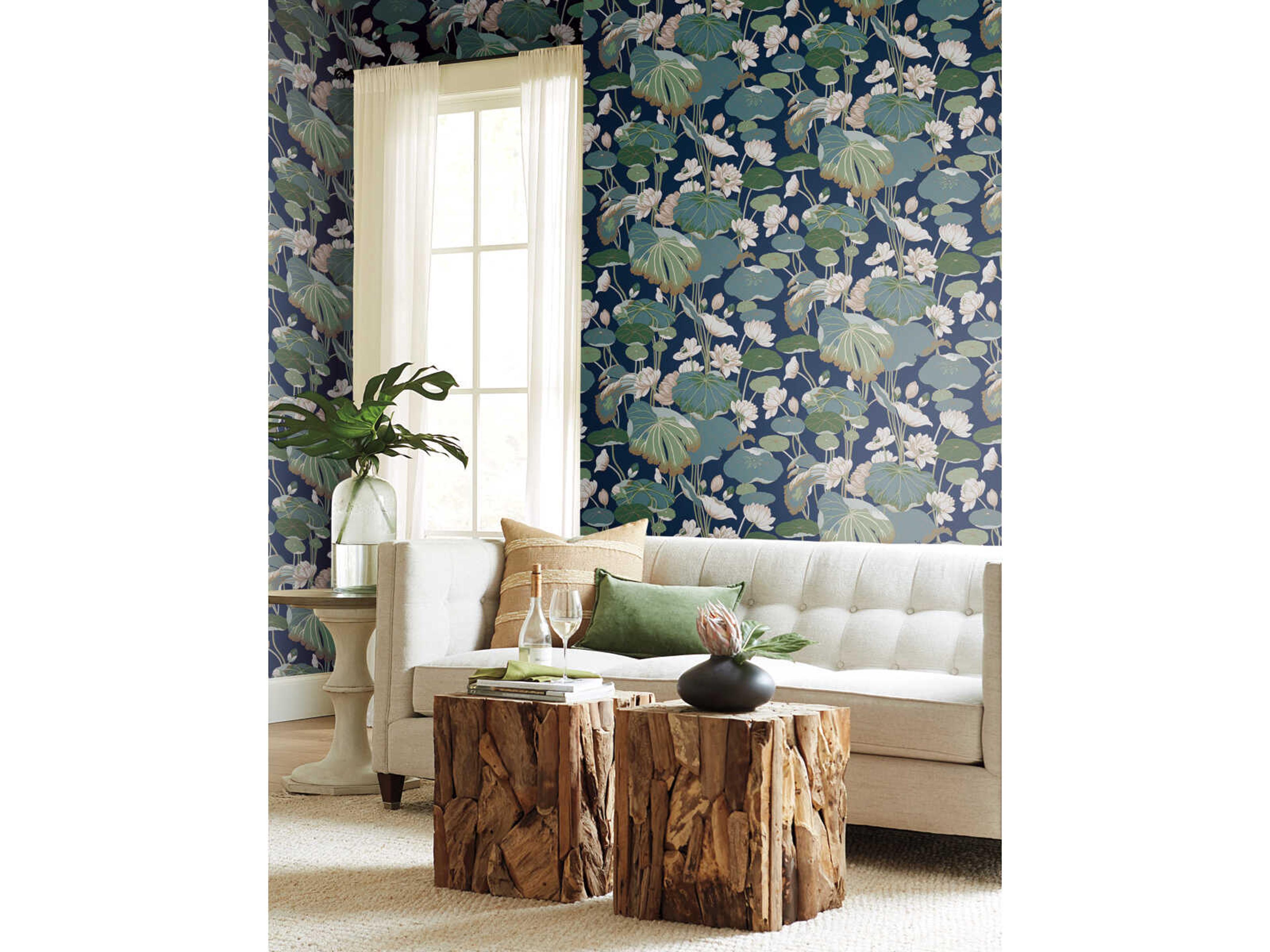 York Wallcoverings Greenhouse Navy Metallic Lotus Pond Wallpaper