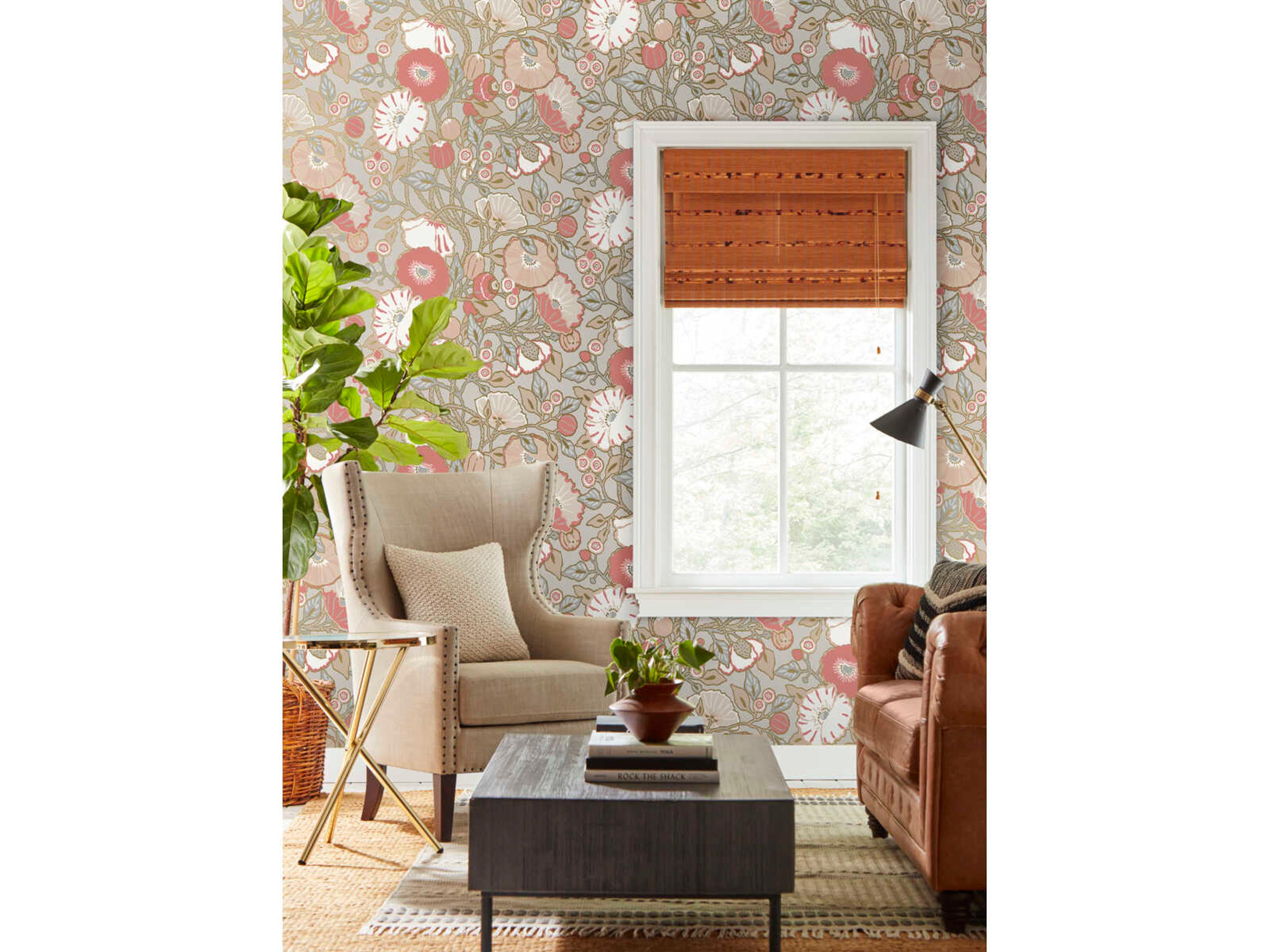 York Wallcoverings Greenhouse Grey Pink Metallic Poppies Wallpaper