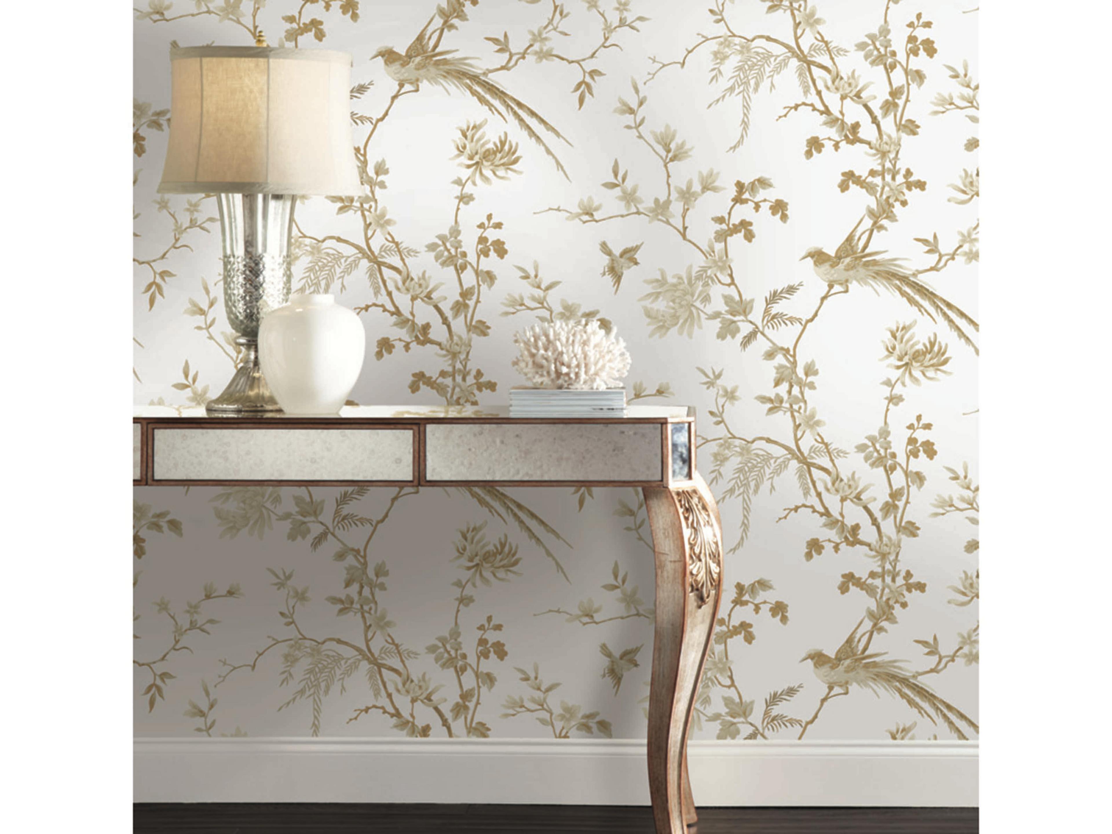York Wallcoverings Ronald Redding 24 Karat White Gold Bird Blossom Chinoserie Wallpaper