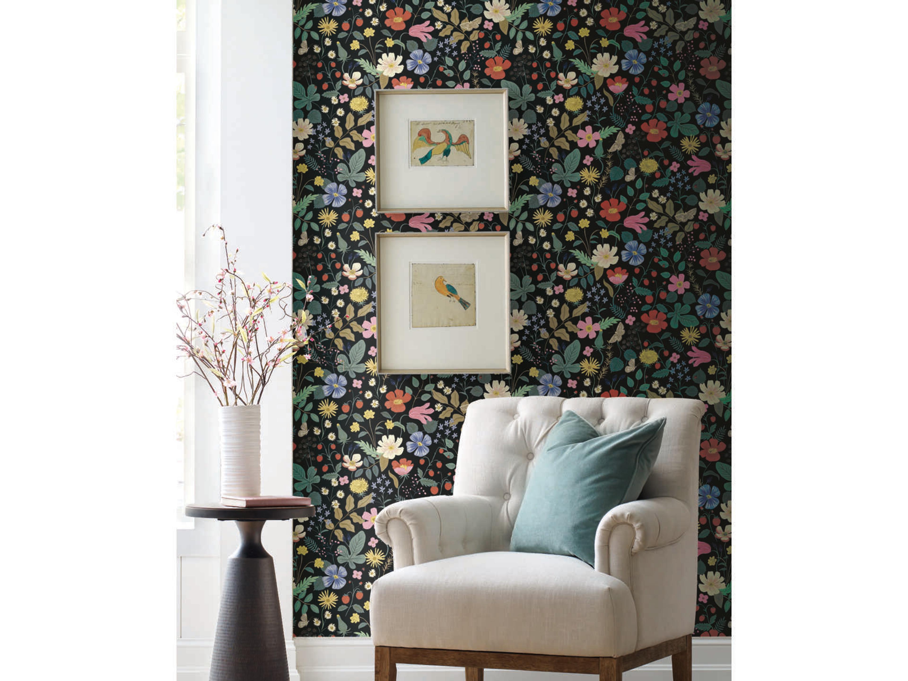 York Wallcoverings Rifle Paper Co. Second Edition Black Green Strawberry Fields Wallpaper