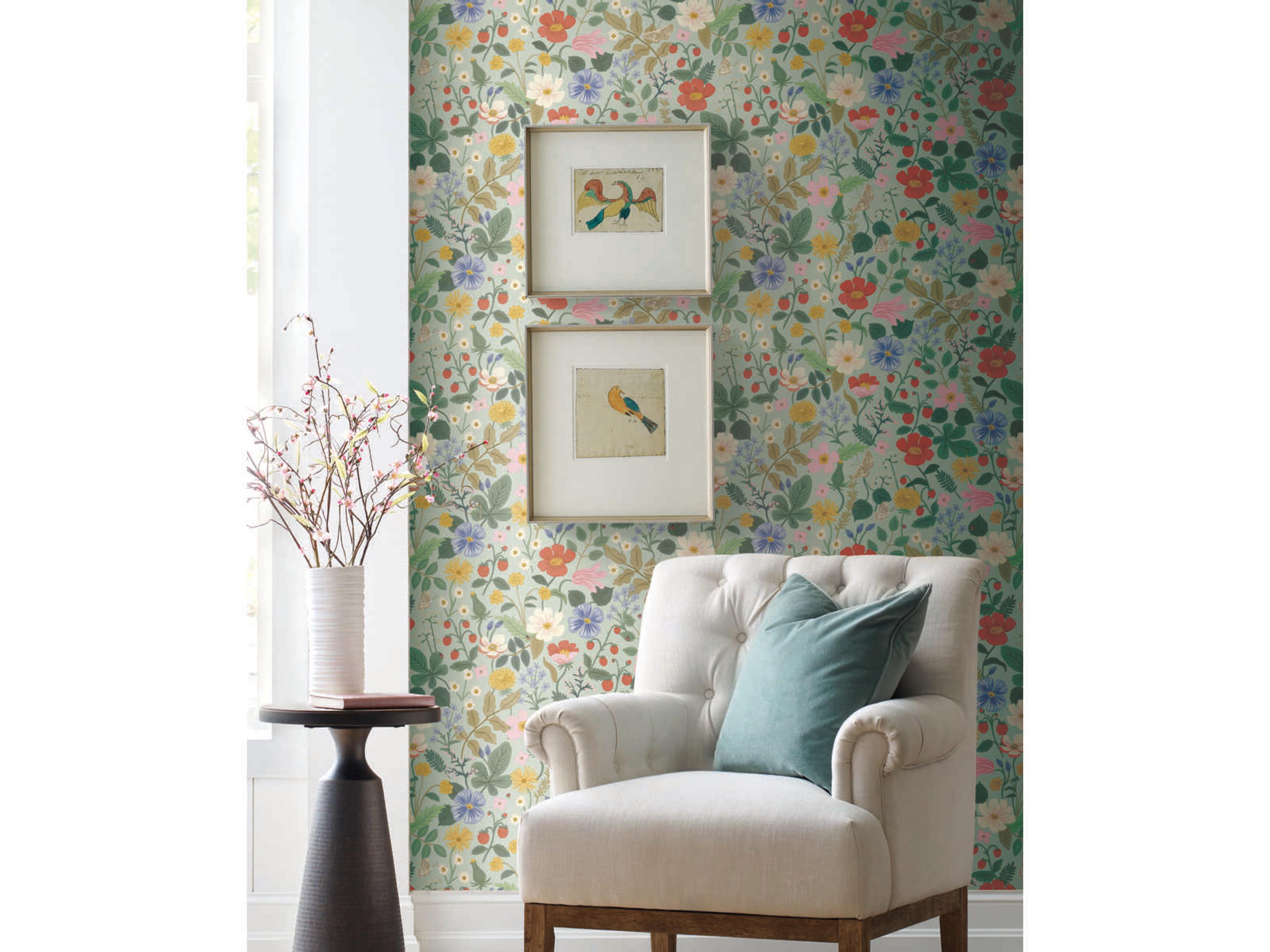 York Wallcoverings Rifle Paper Co. Second Edition Green Pink Strawberry Fields Wallpaper