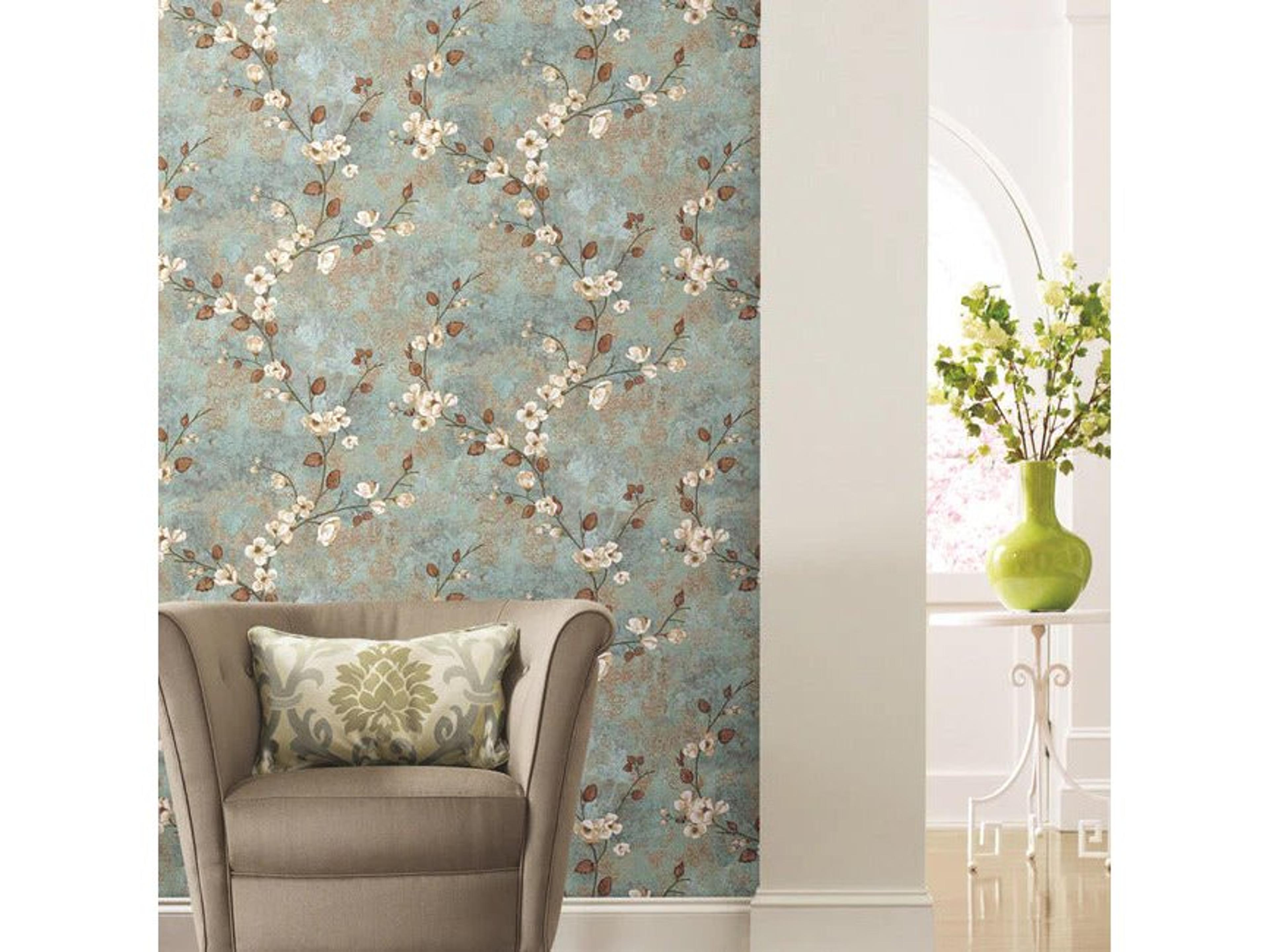 York Wallcoverings Best Sellers Teal Dark Brown Dogwood Wallpaper