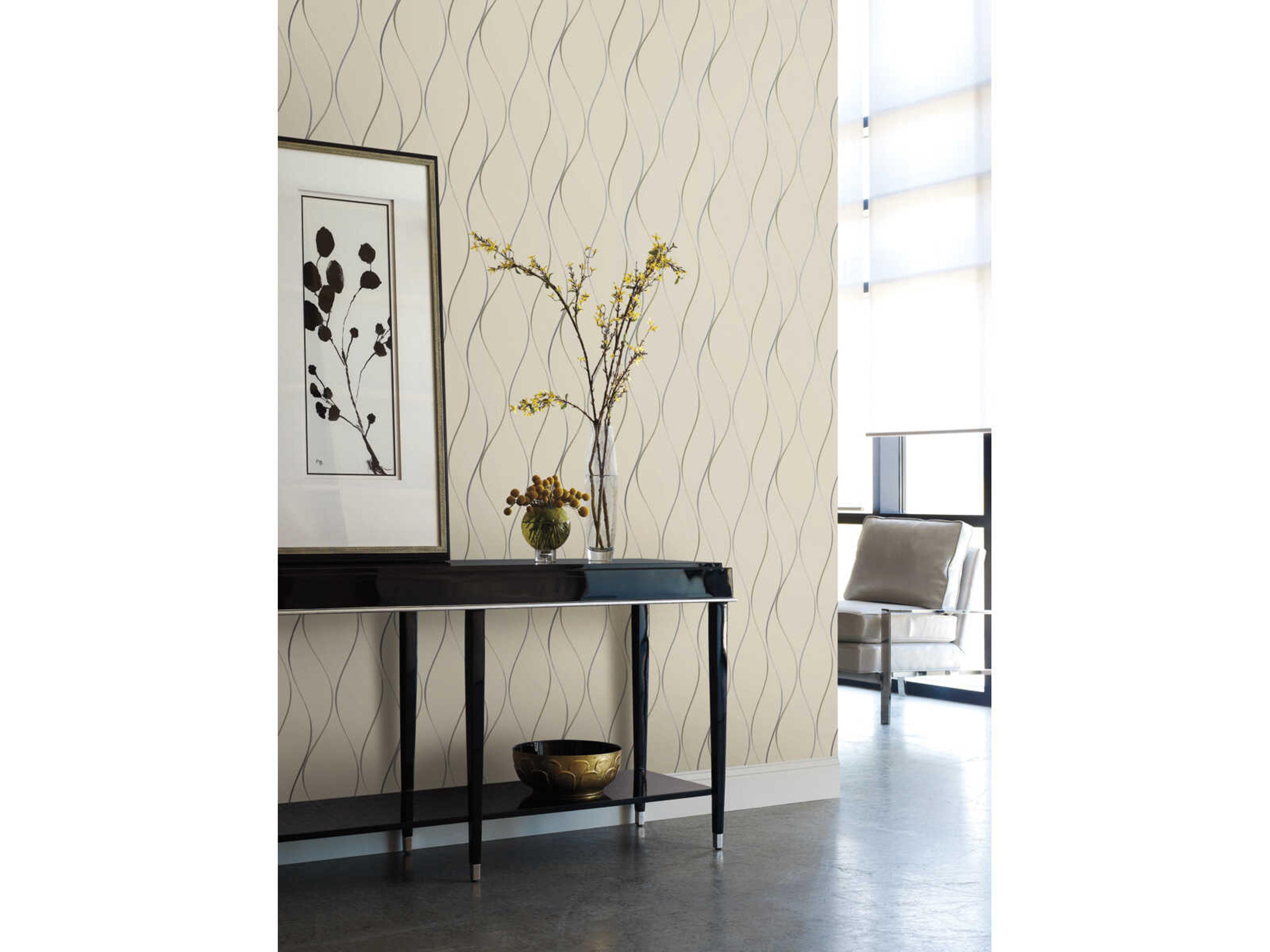 York Wallcoverings Antonina Vella Dazzling Dimensions Volume II Beige Metallic Wavy Stripe Wallpaper