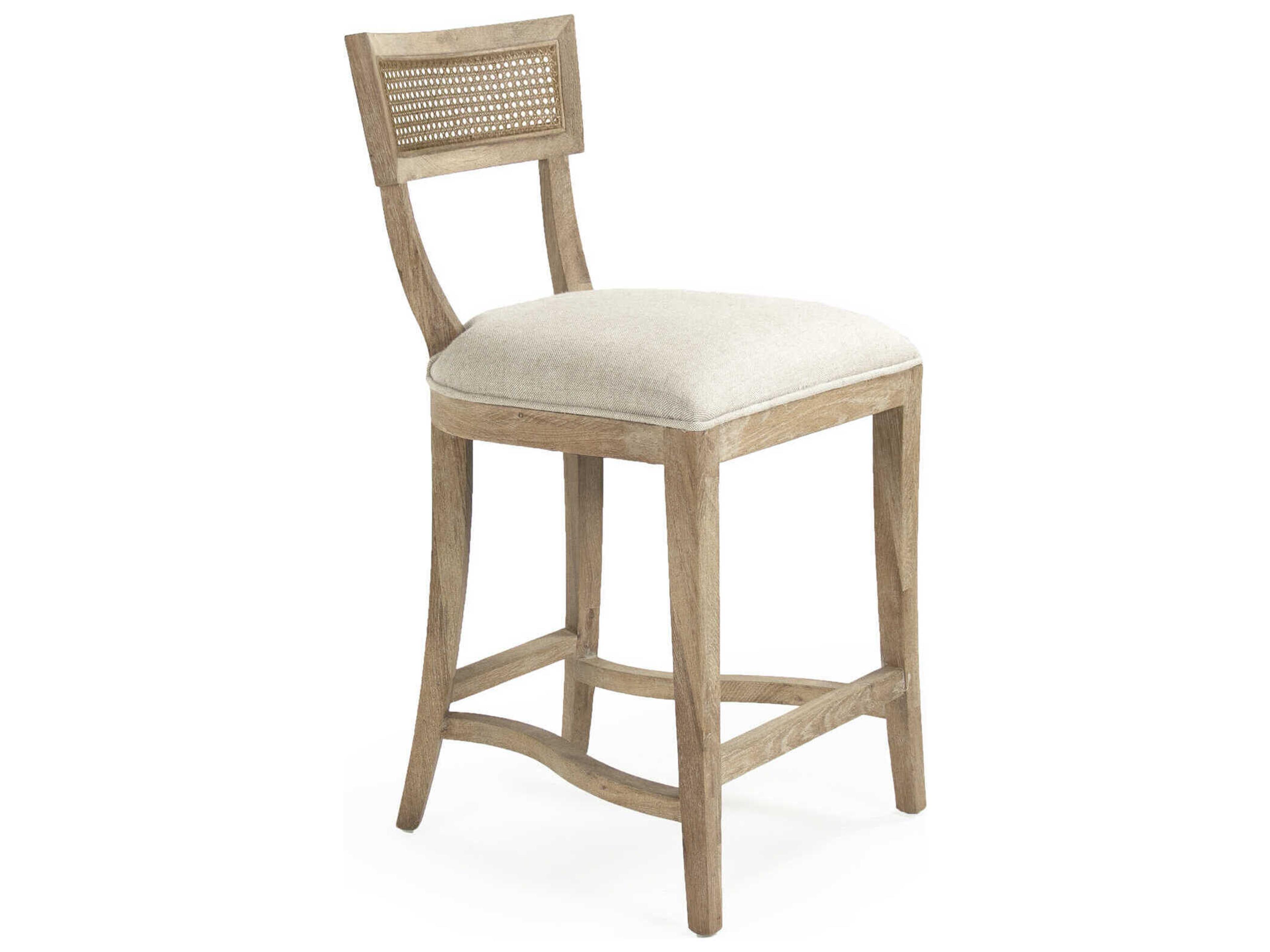 Zentique Carvell Limed Grey Oak Natural Cream Linen Upholstered Wood Counter Stool