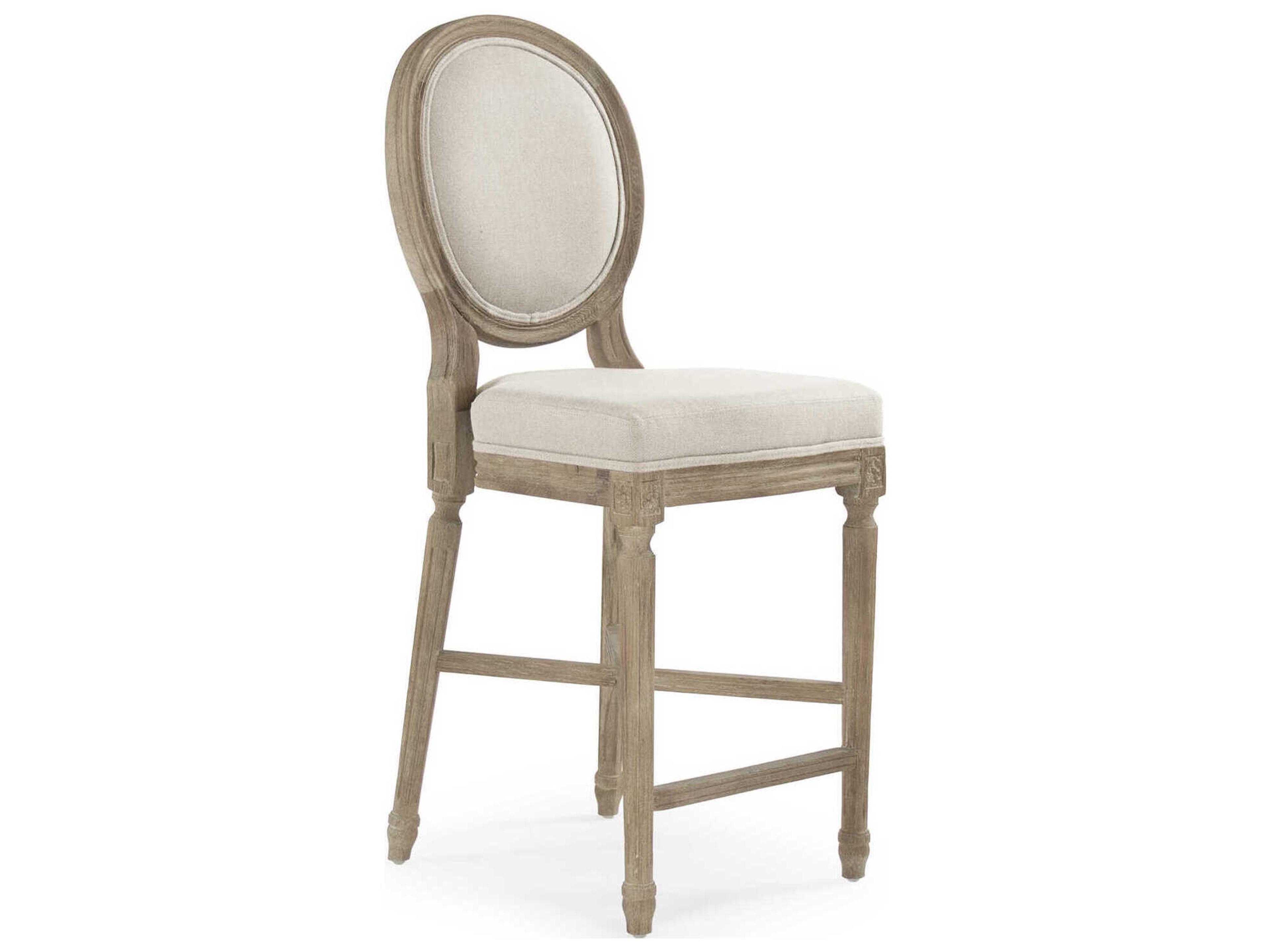 Zentique Medallion Limed Grey Oak Natural Linen Upholstered Wood Counter Stool
