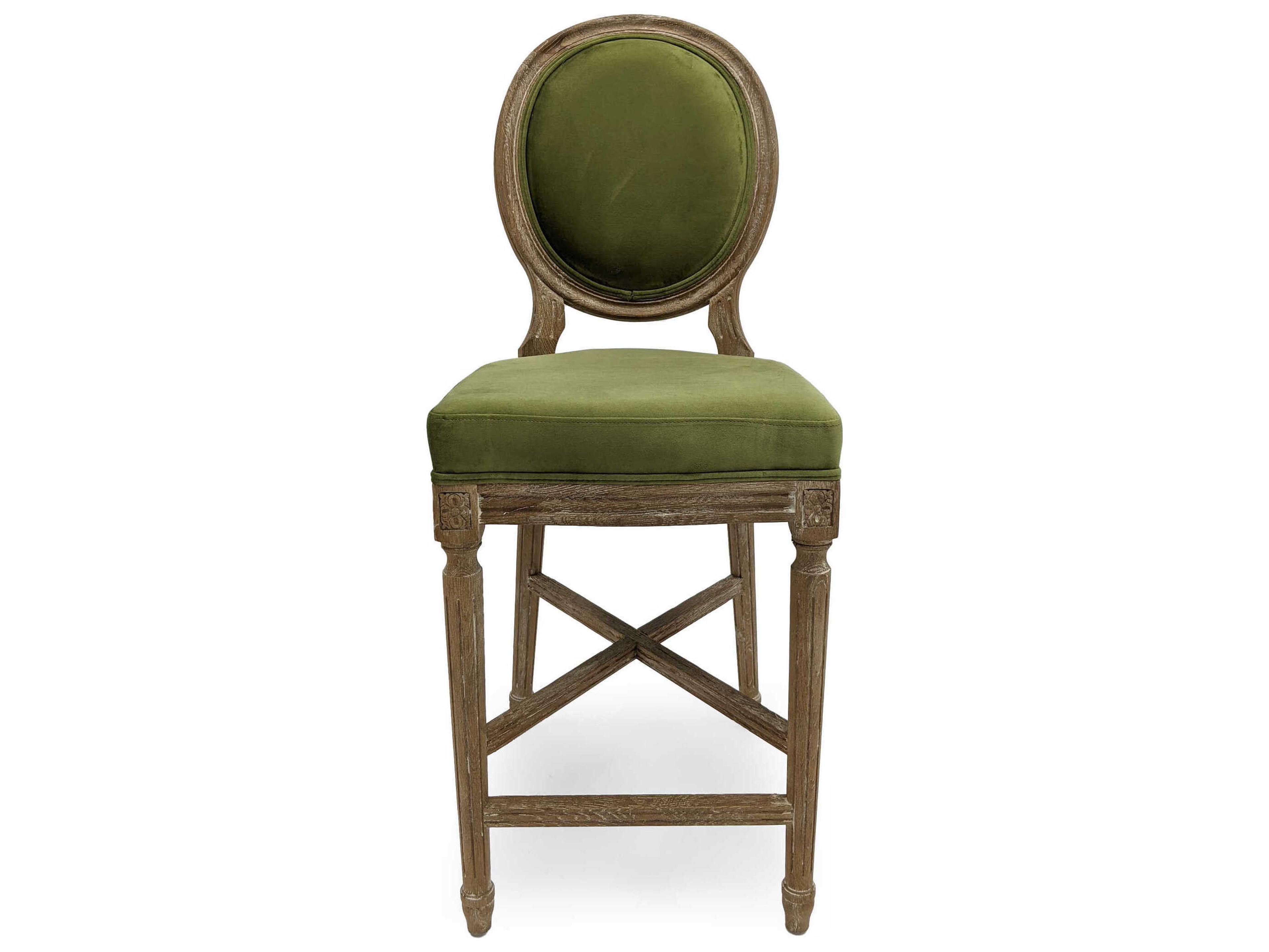 Zentique Medallion Limed Grey Oak Green Velvet Upholstered Wood Counter Stool