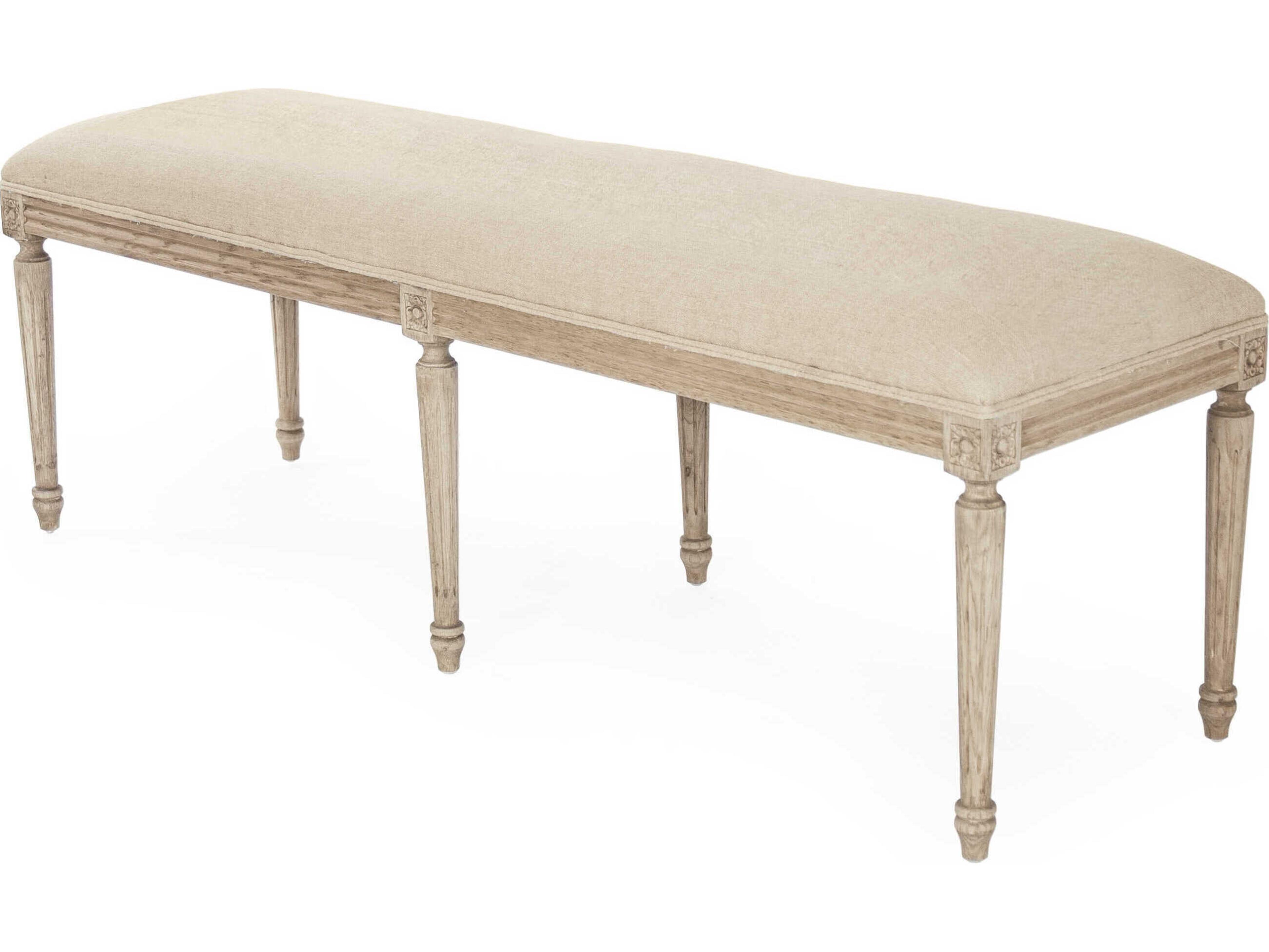 Zentique Louis Reclaimed Oak Natural Linen Upholstered Accent Bench