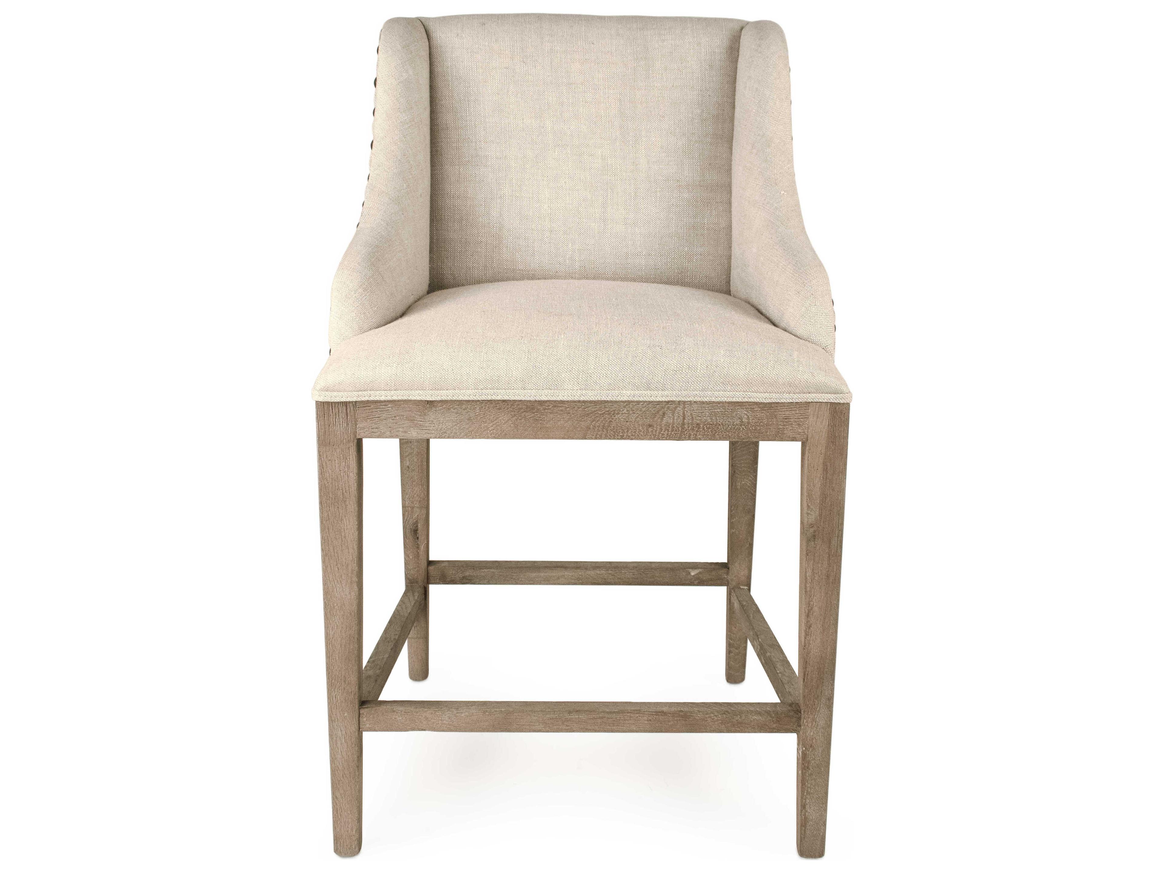 Zentique Connor Limed Grey Oak Natural Cream Linen Upholstered Wood Counter Stool