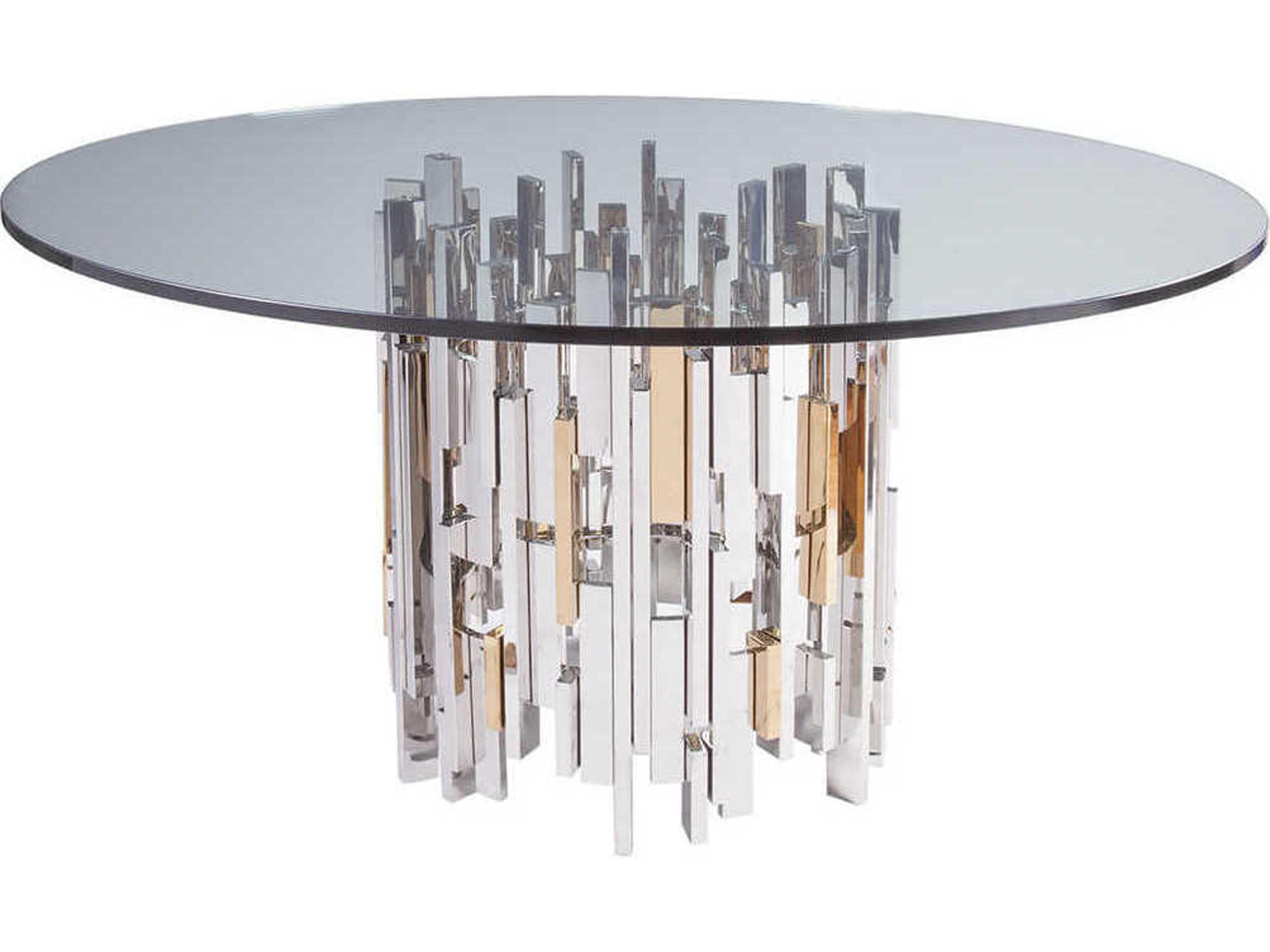Artistica Cityscape Round Glass Stainless Steel With Vintage Brass Dining Table