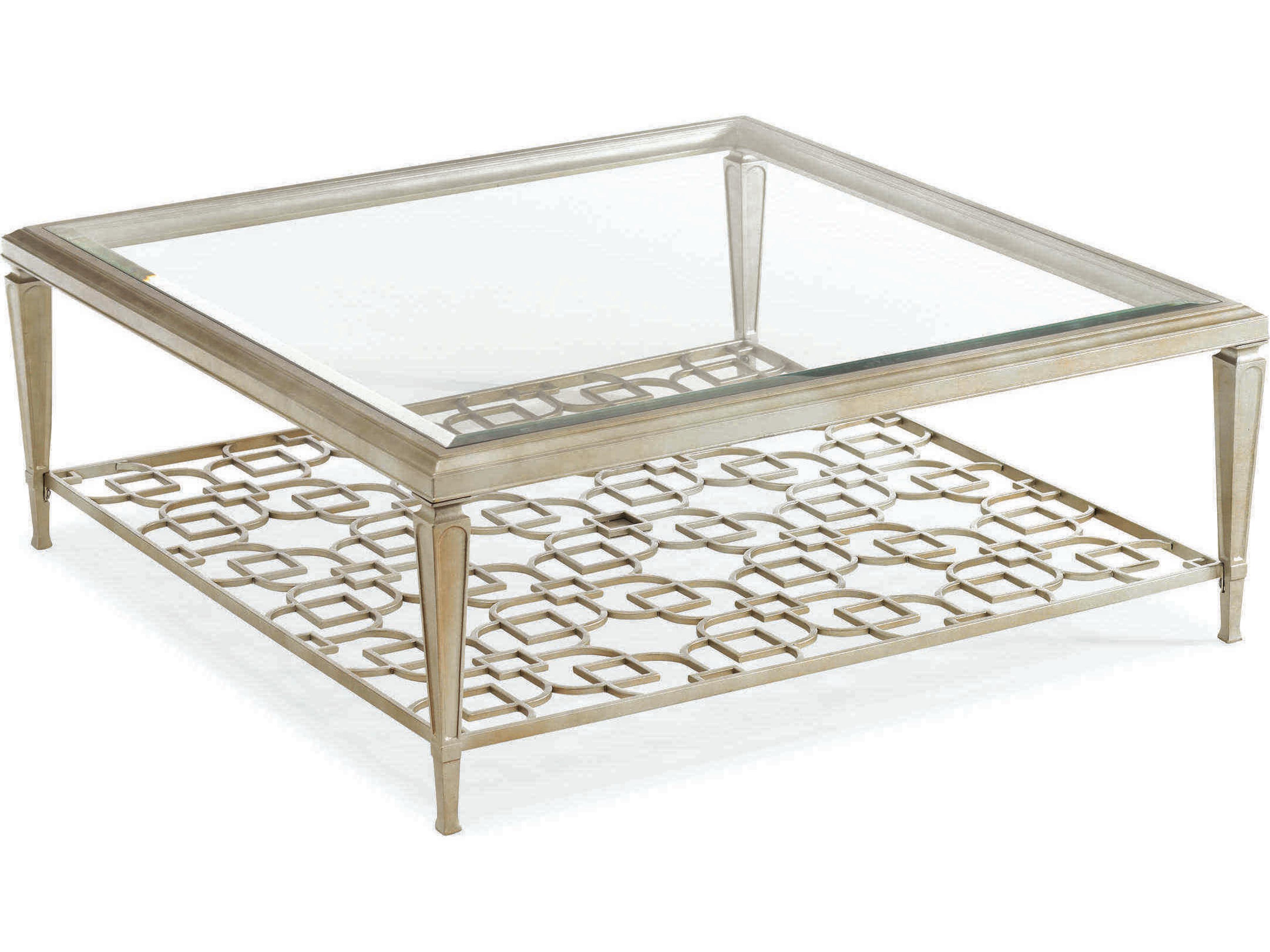Caracole Classic Sociables Taupe Silver Leaf Square Glass Coffee Table with Fretwork Shelf