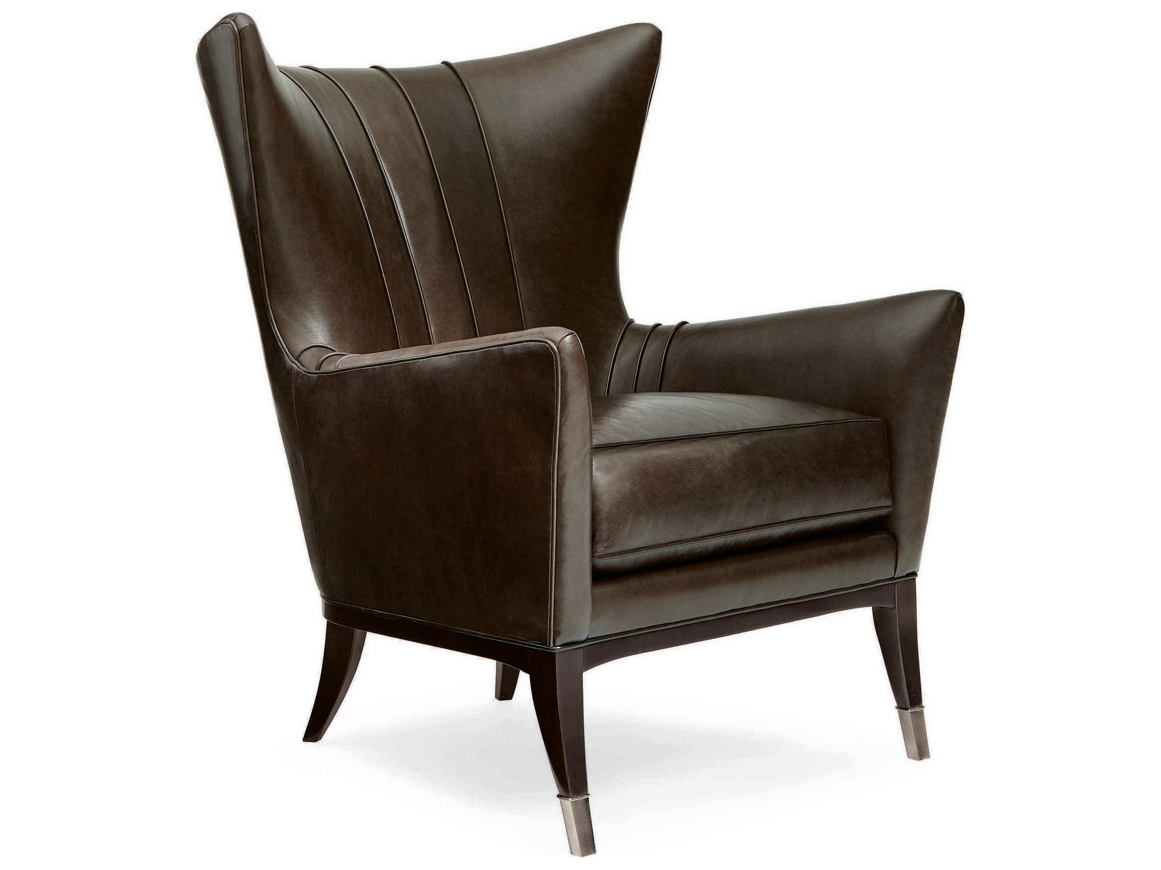 Caracole Upholstery So Welt Done Wingback Black Leather Accent Chair with Metal Ferrules
