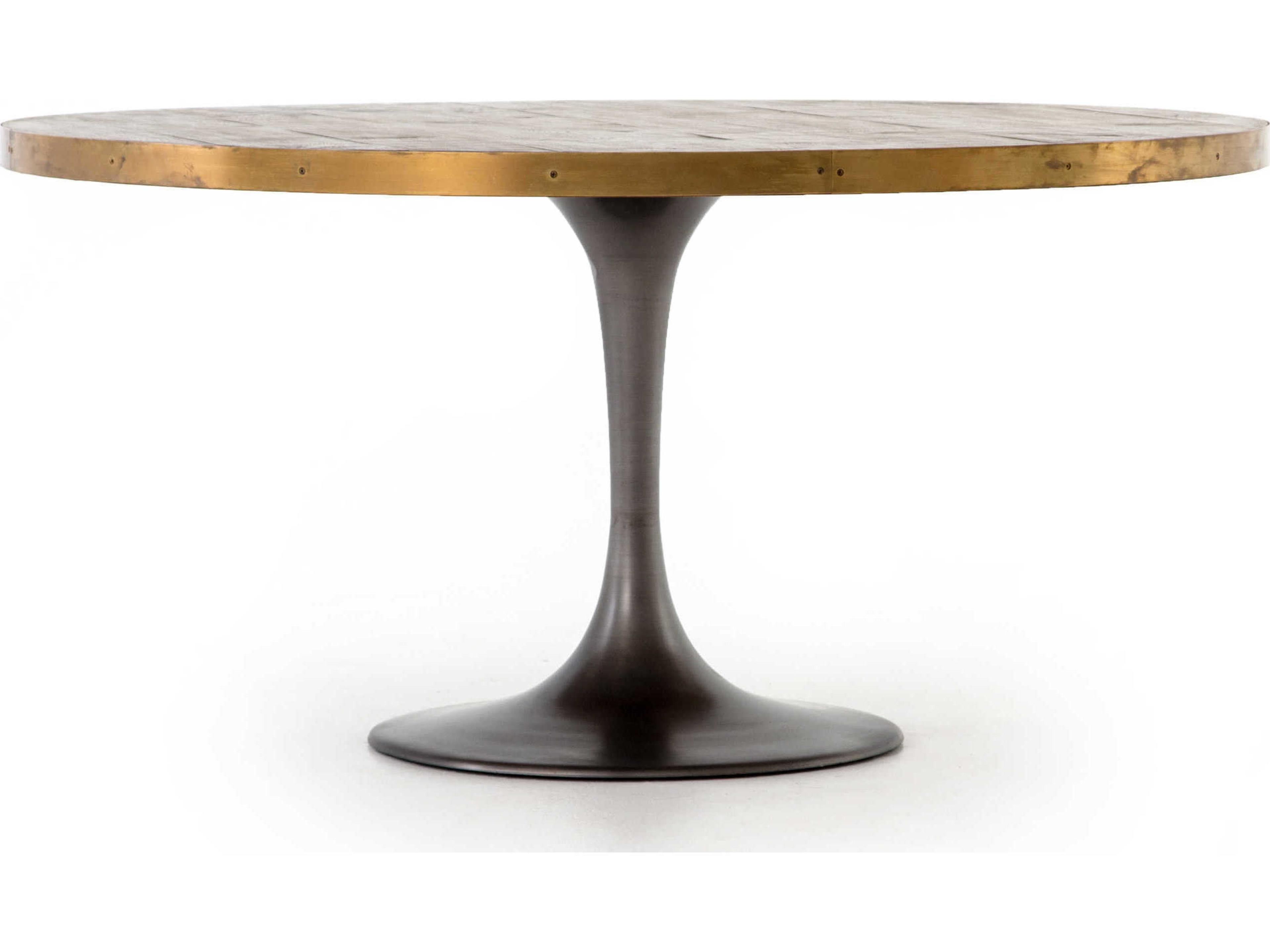 Luxecor Globetrotter Evans Round Metal Vessel Grey Polished Brass Light Burnt Oak Dining Table
