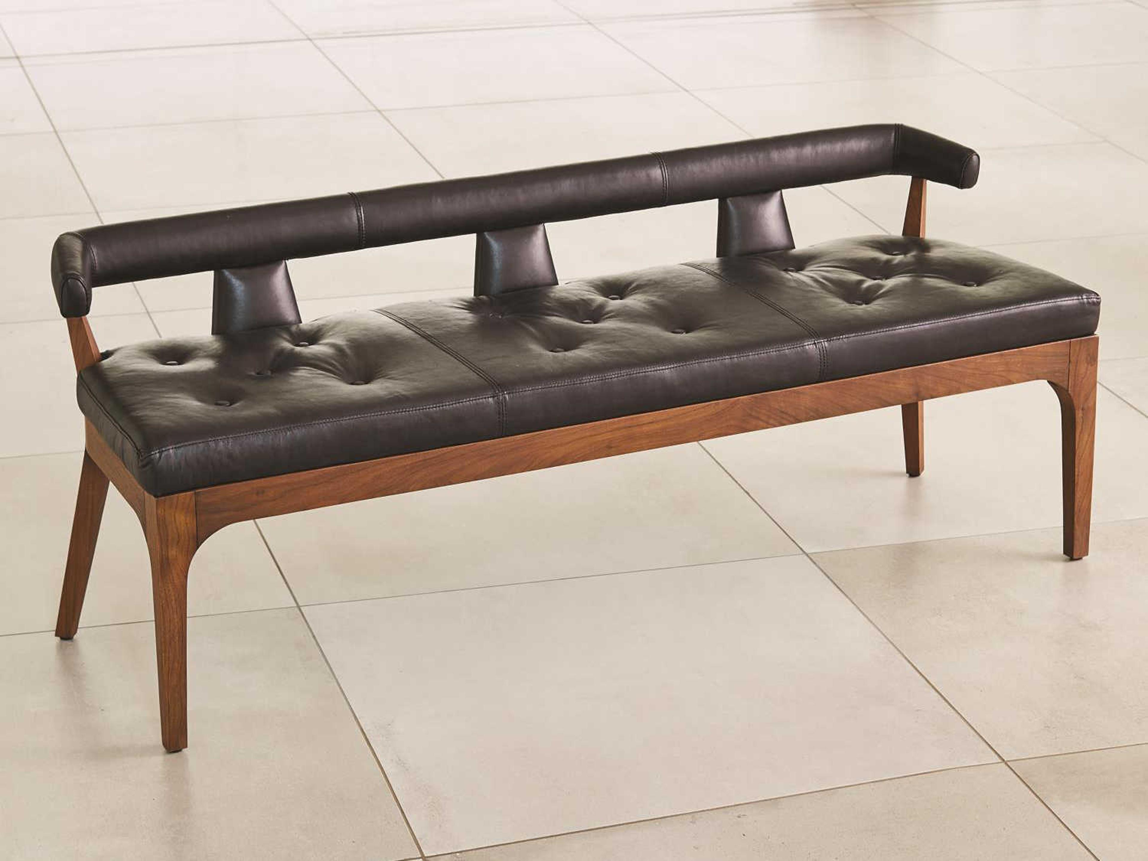 Global Views Black Marble Leather Natural Walnut Brown Upholstered Accent Bench