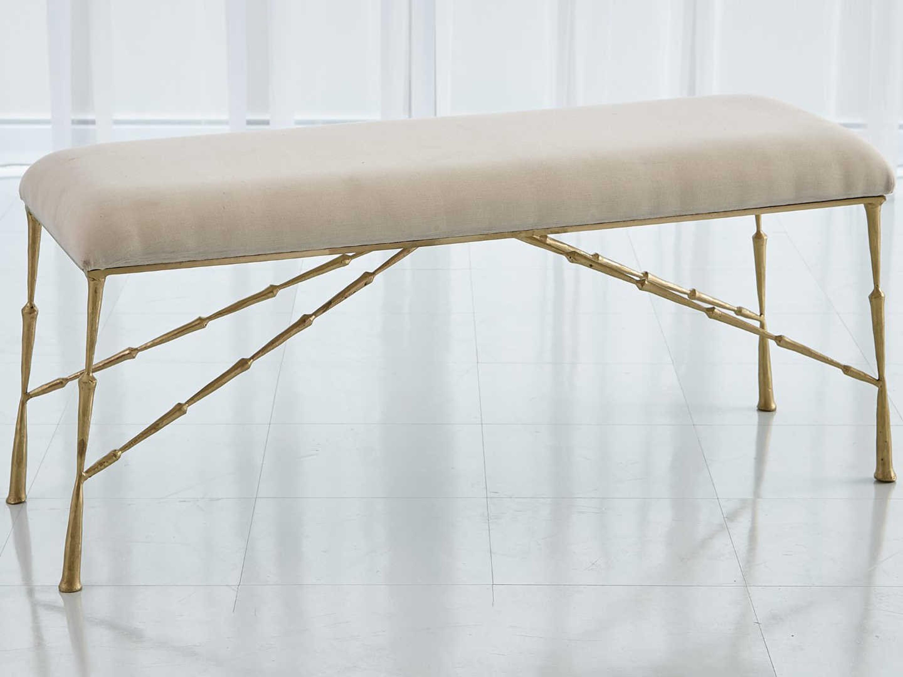 Global Views Antique Brass Gold Upholstered Accent Bench