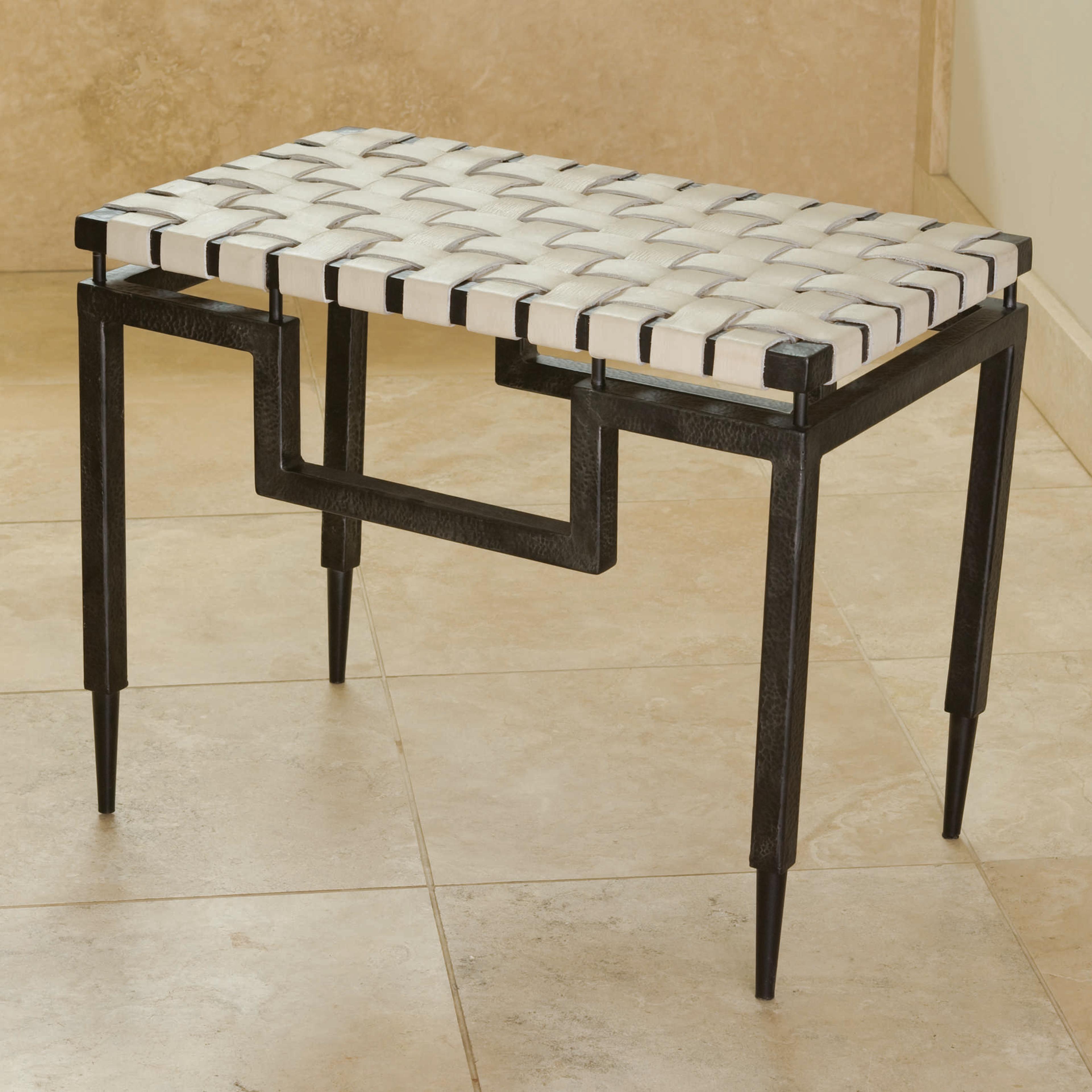 Global Views Black Powder Coat White Leather Accent Bench