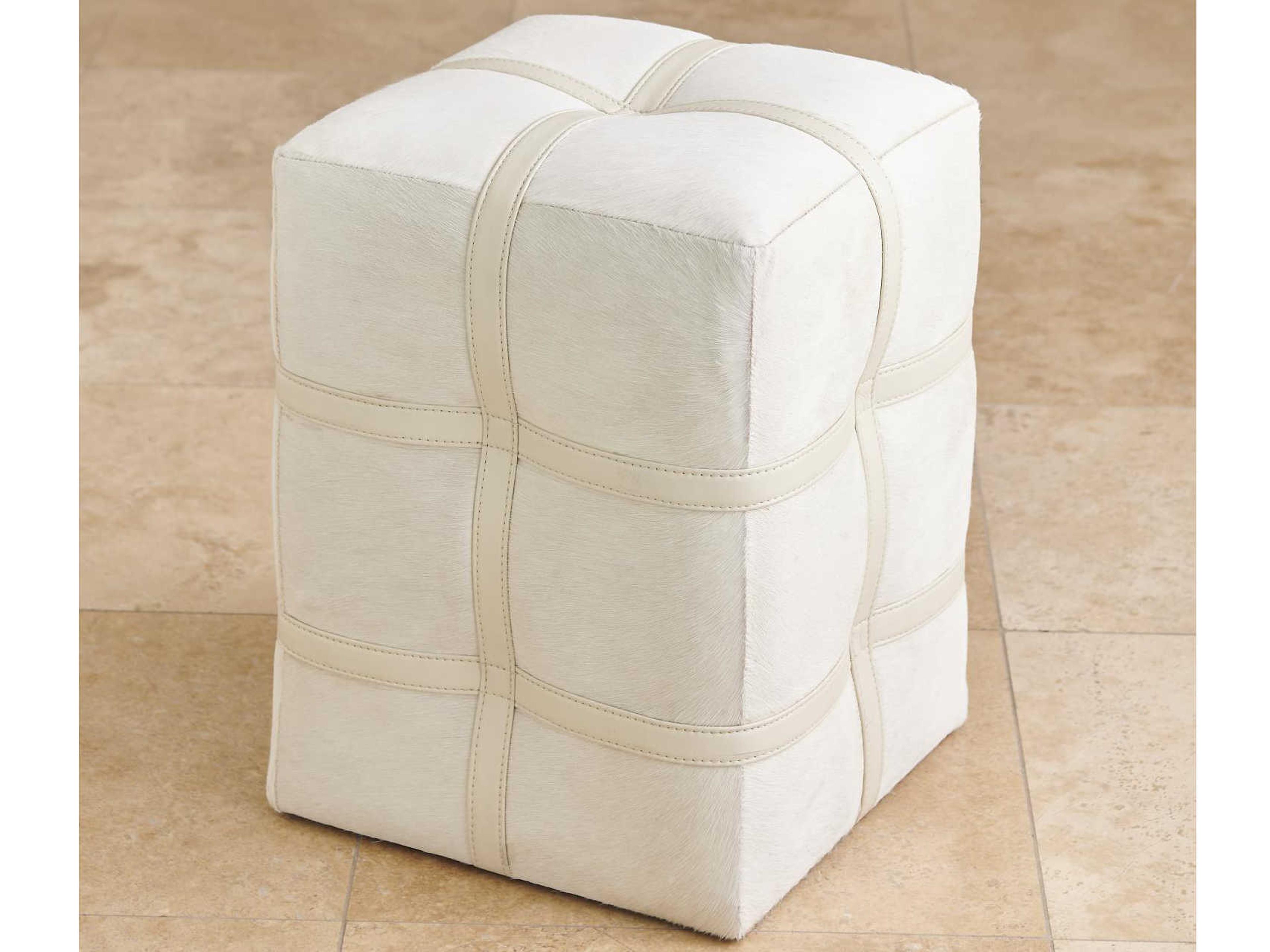 Global Views Belted Poof Ivory Hair On Hide White Leather Ottoman