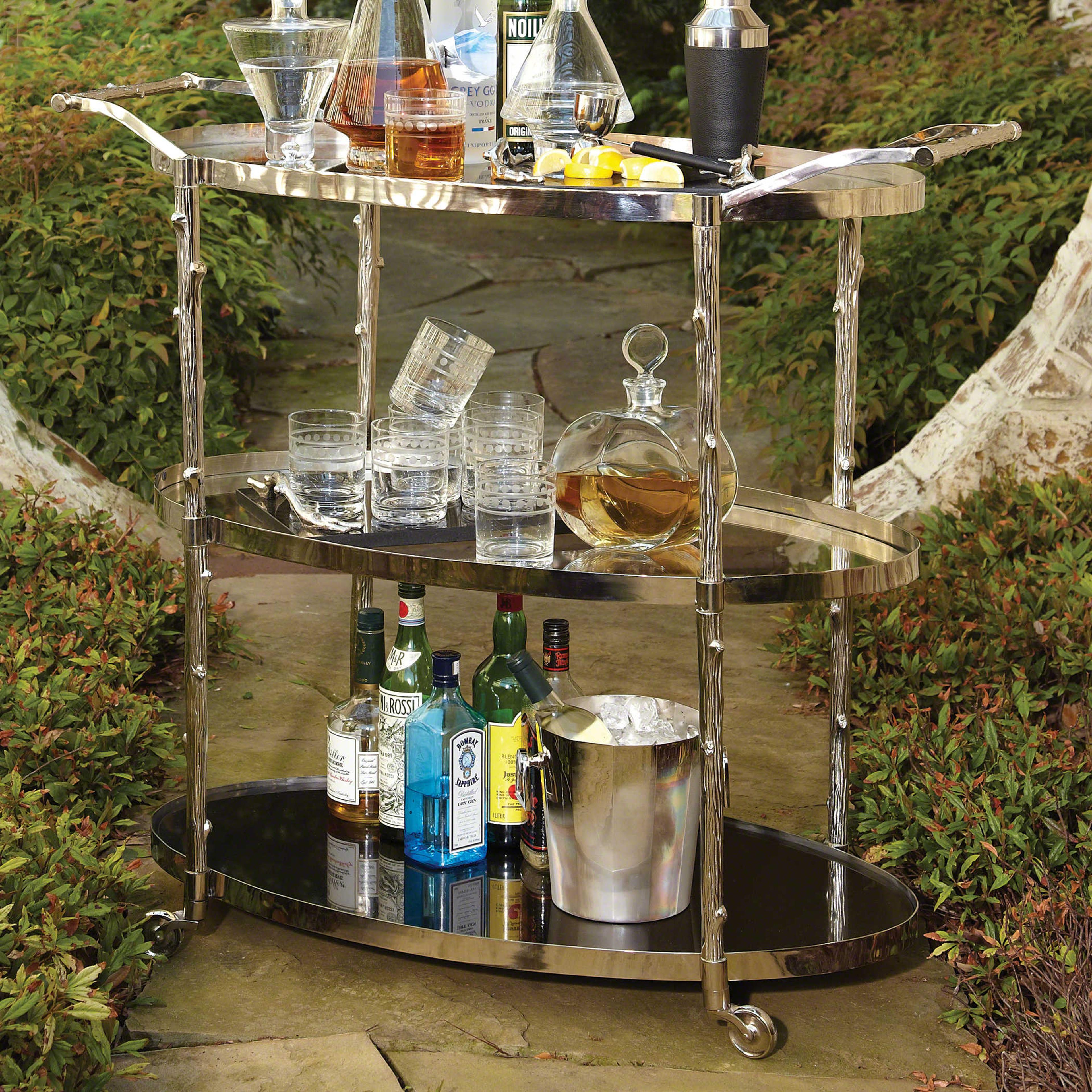 Global Views Arbor Glass Silver Nickel Bar Cart