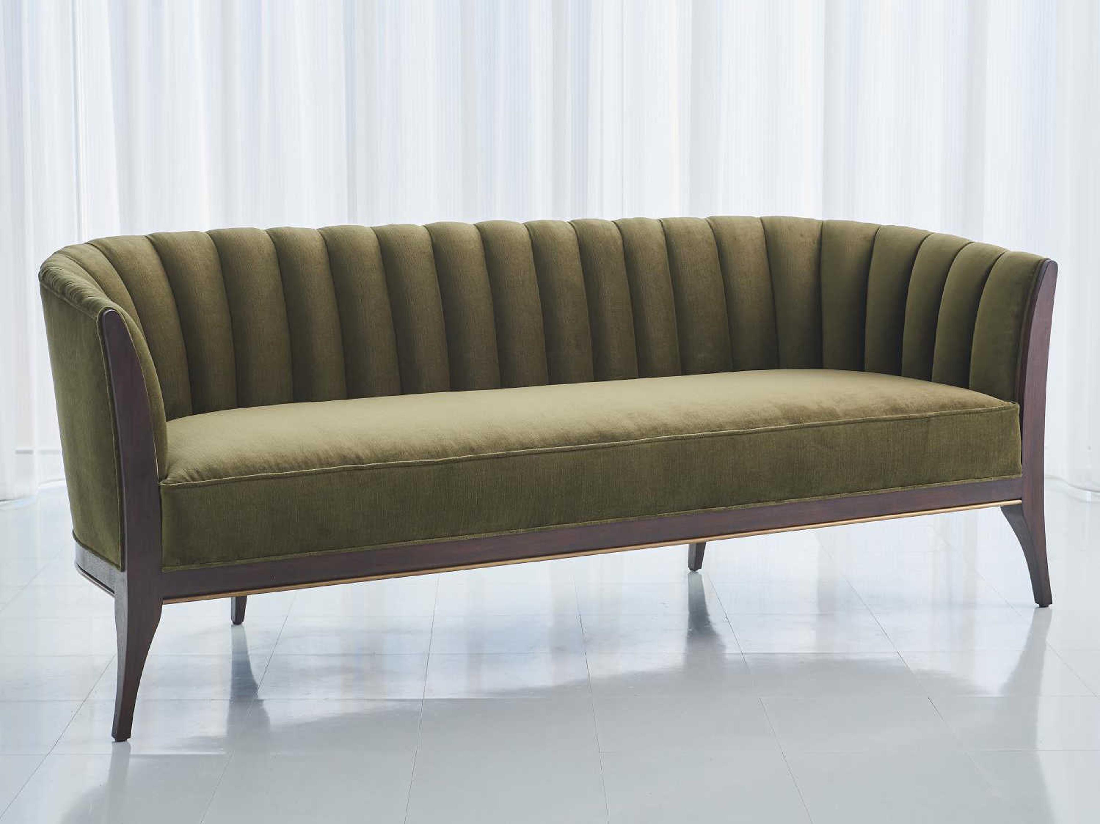 Global Views Mossy Green Velvet Dark Waxed Oil Walnut Brown Upholstered Sofa