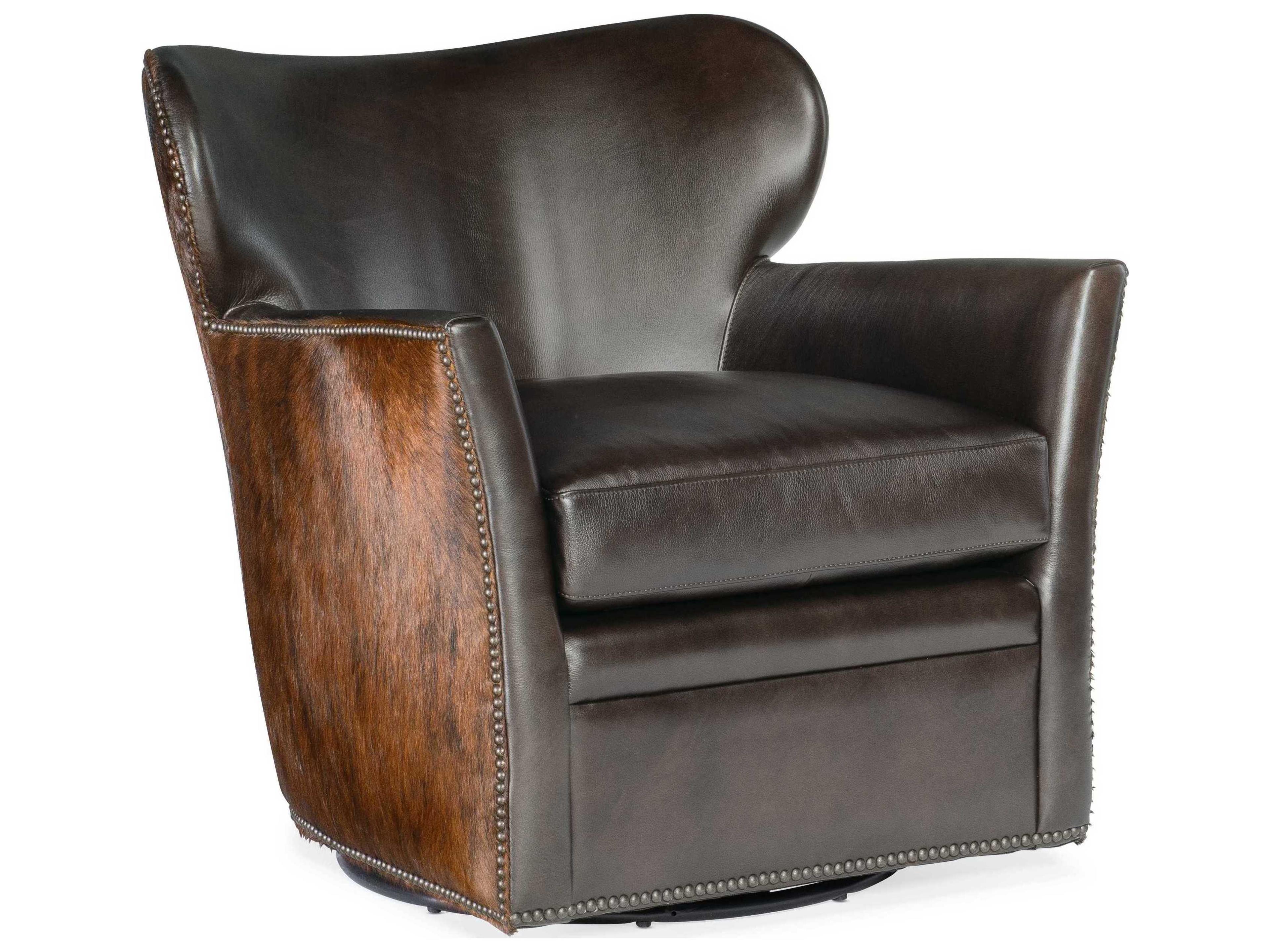 Hooker Furniture Kato Swivel Brown Leather Accent Chair with Dark HOH