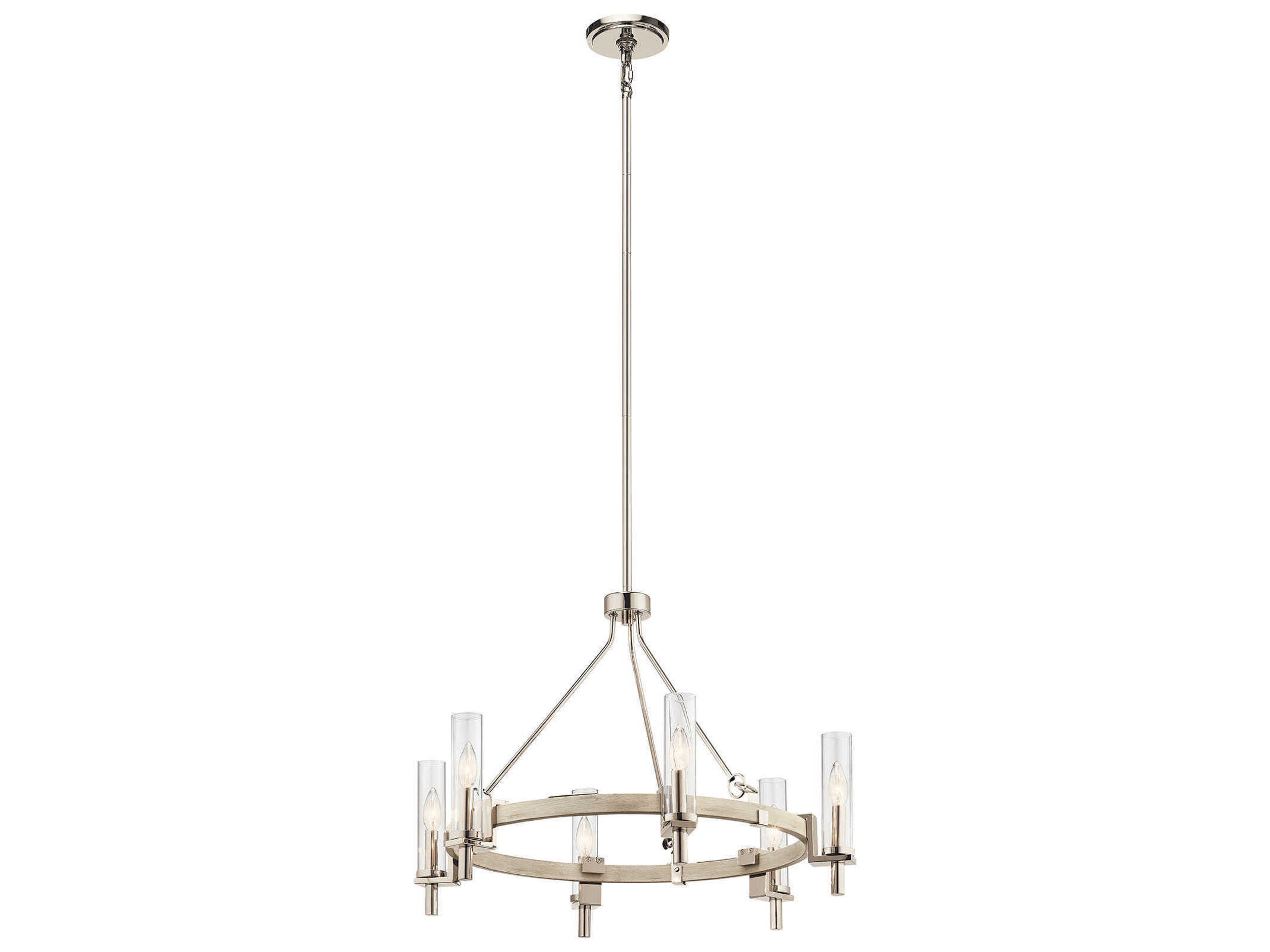 Kichler Telan 6-Light White Washed Wood Glass Candelabra Cylinder Round Chandelier